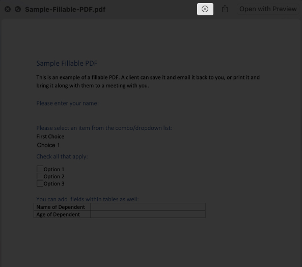 Click the markup button in quicklock on mac