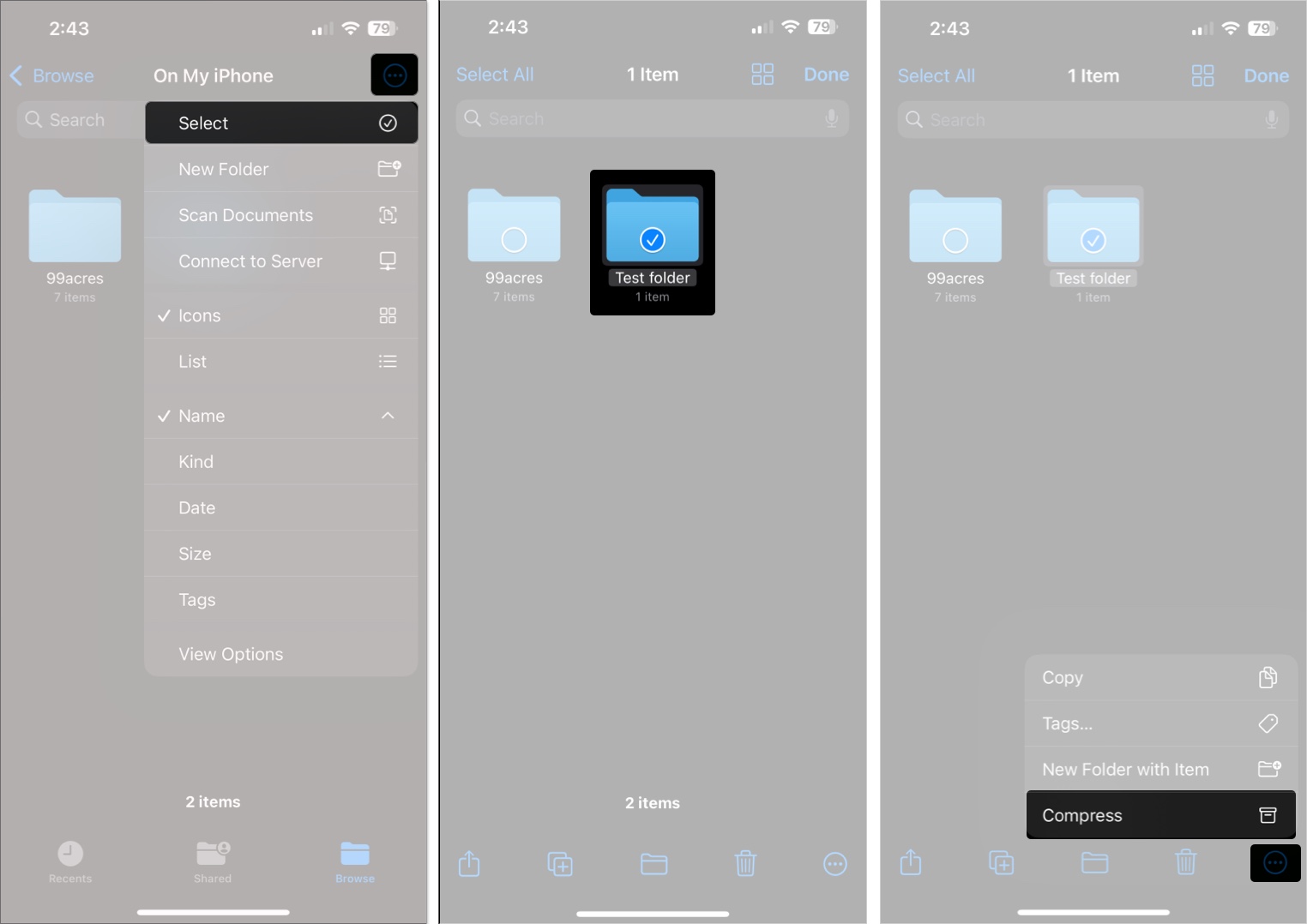 Zipping a folder in the files app on an iphone