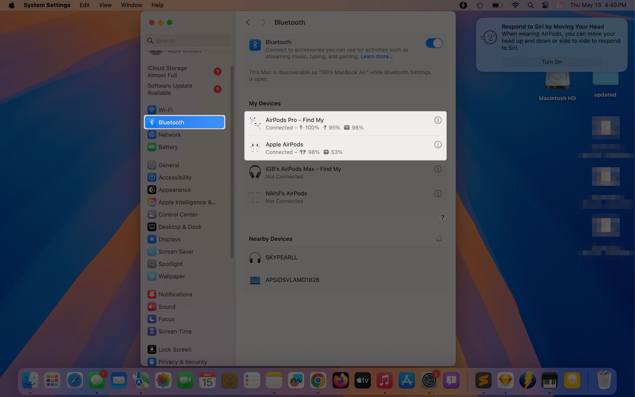 Two pair of airpods showing the connected status in macos bluetooth settings page