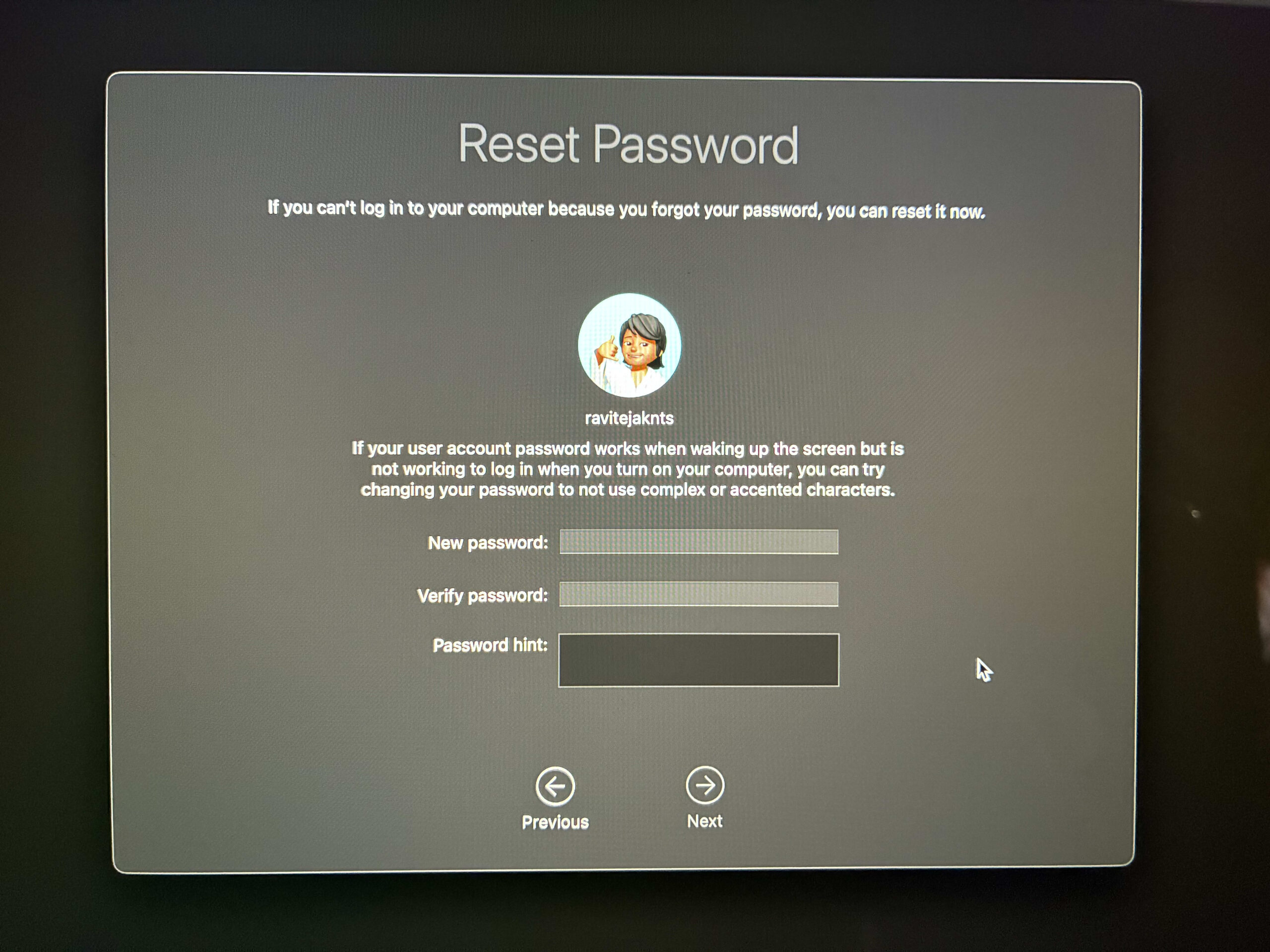 Creating a new password on the reset password screen
