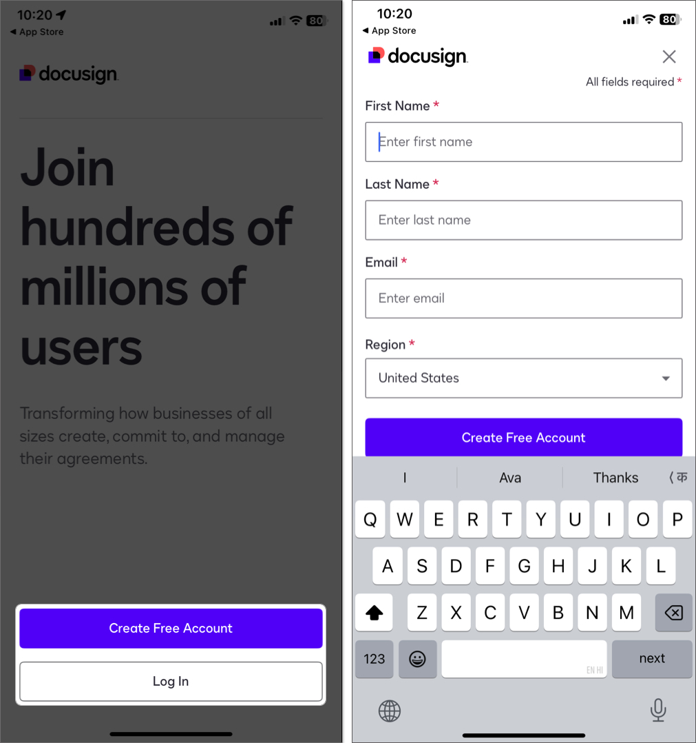 Create account on docusign app
