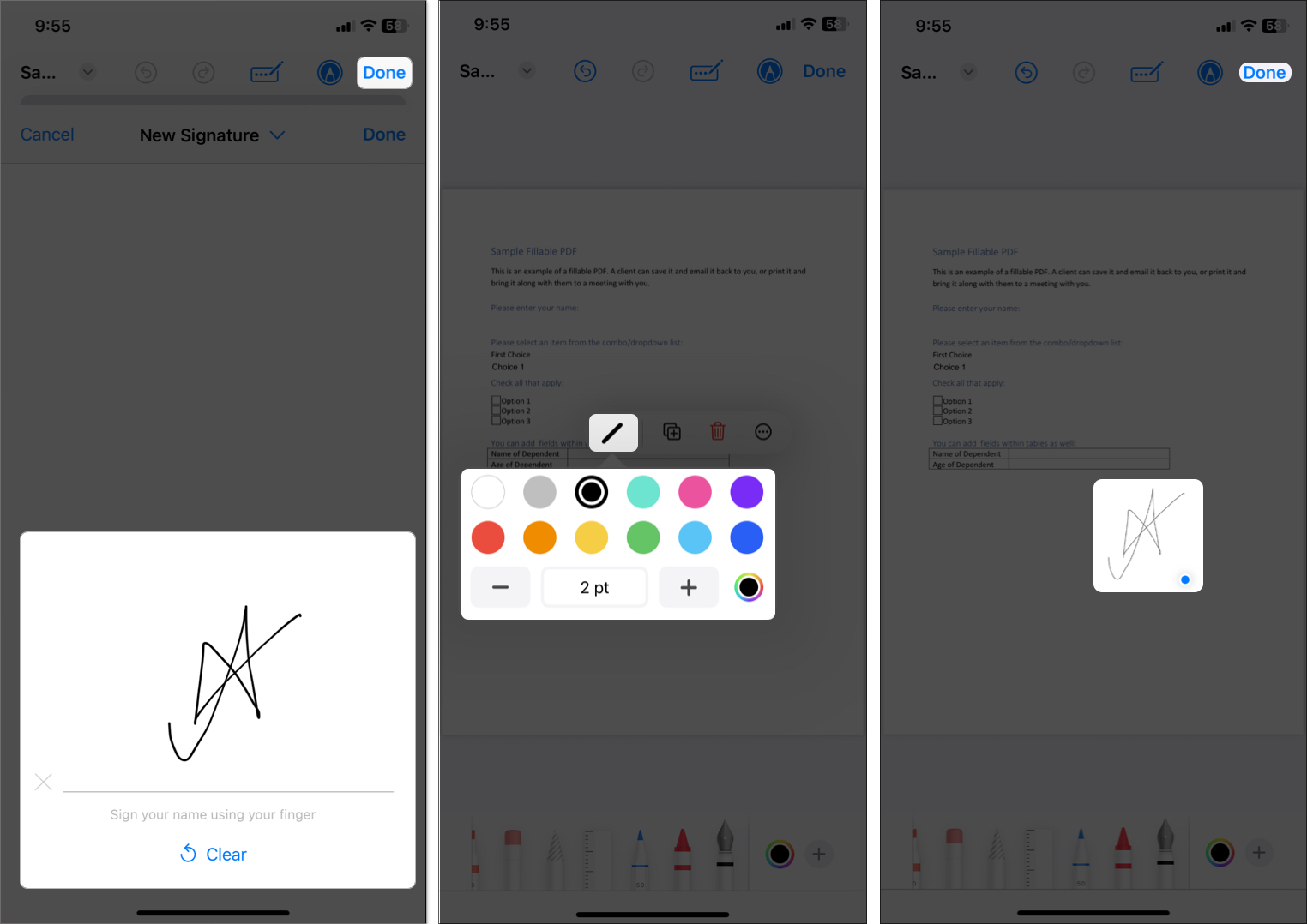Create new signature and tap done to save signature on iphone