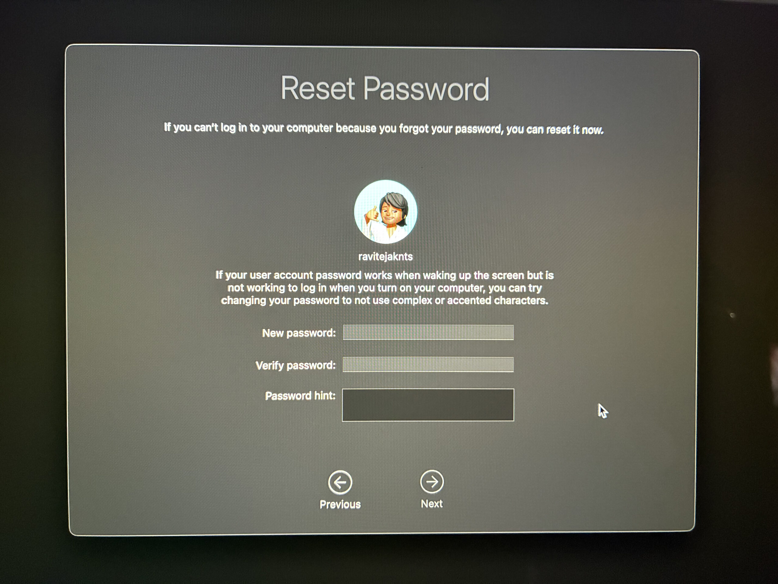 Creating a new password on the reset password screen