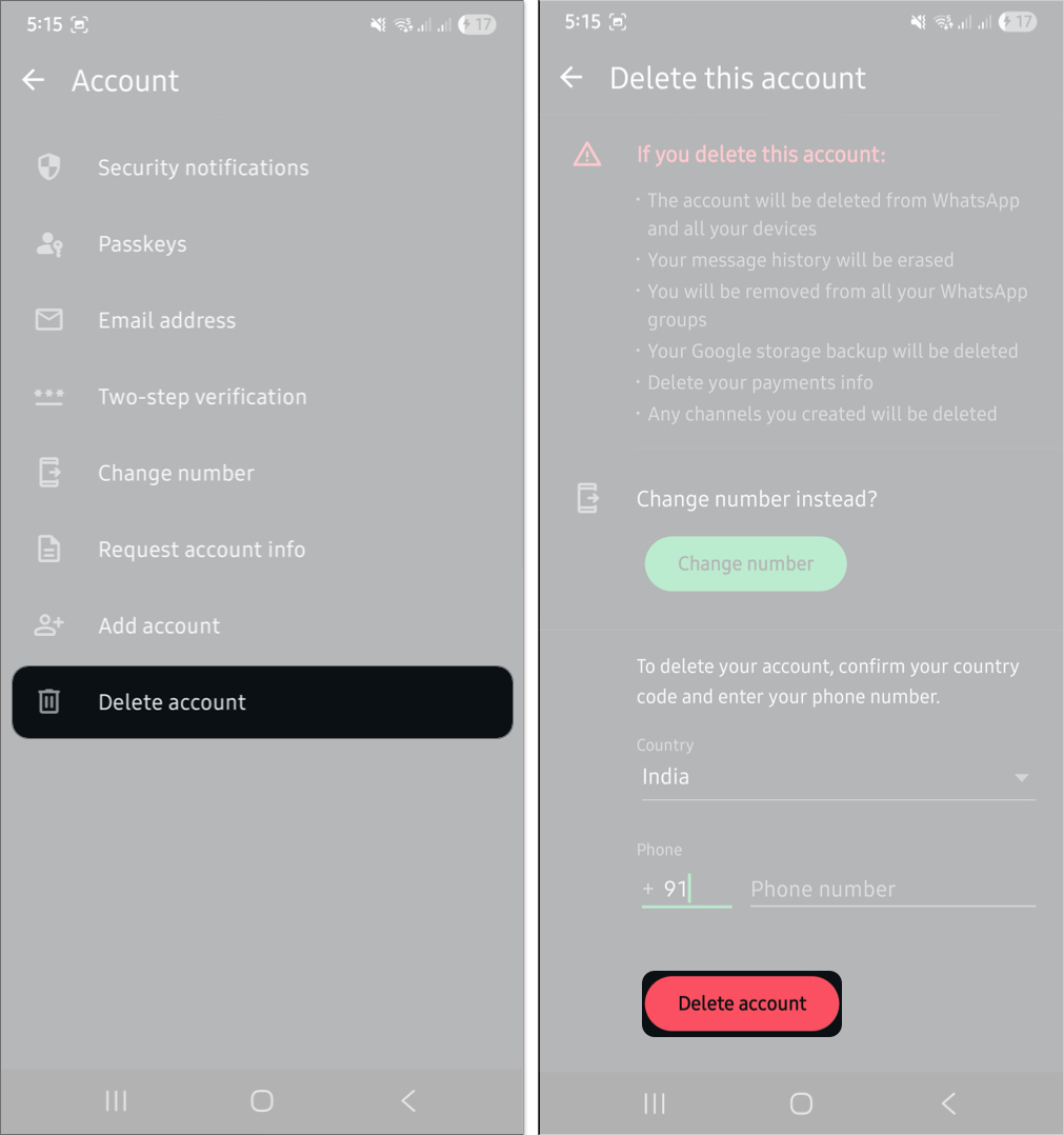 Deleting a whatsapp account on an android phone