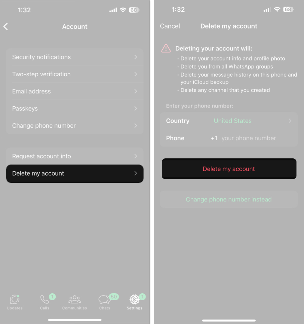Deleting a whatsapp account on an iphone