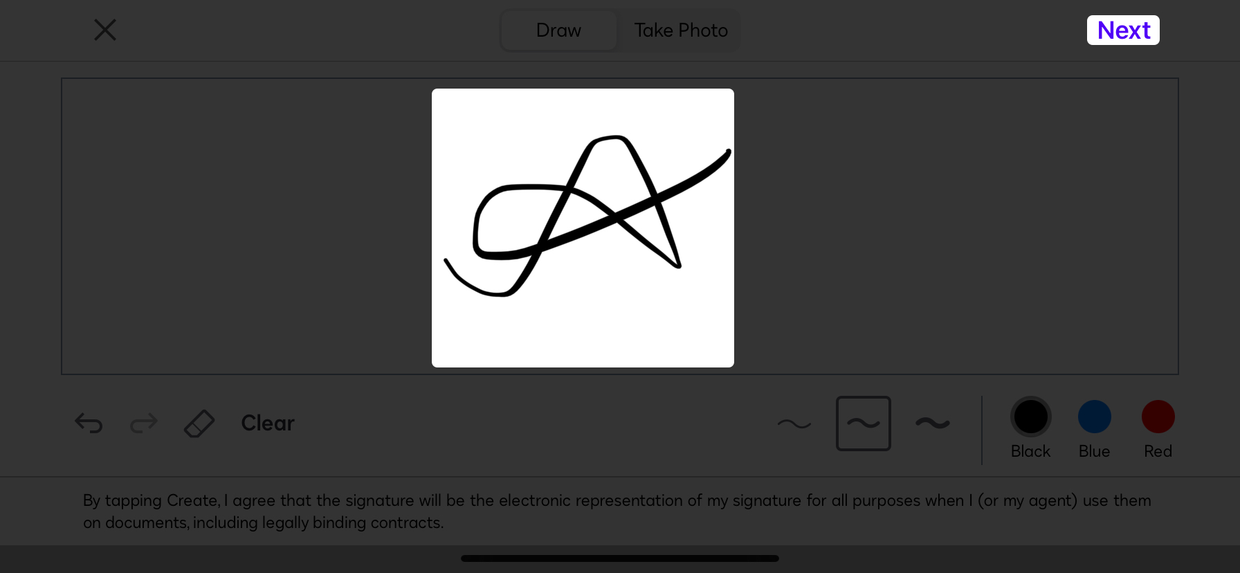 Draw your signature and tap next to create signature