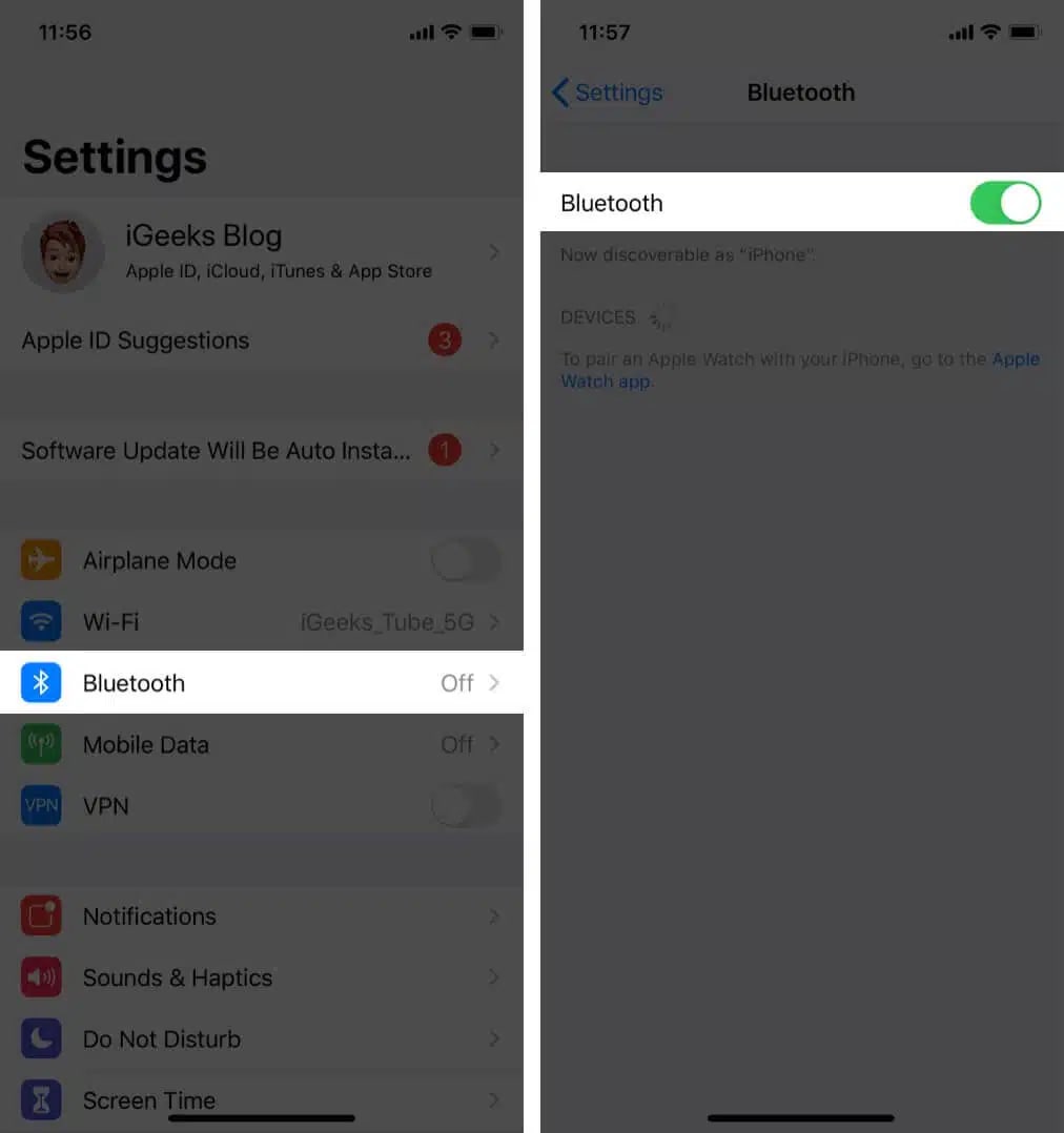 Enabling and accessing bluetooth settings on an iphone