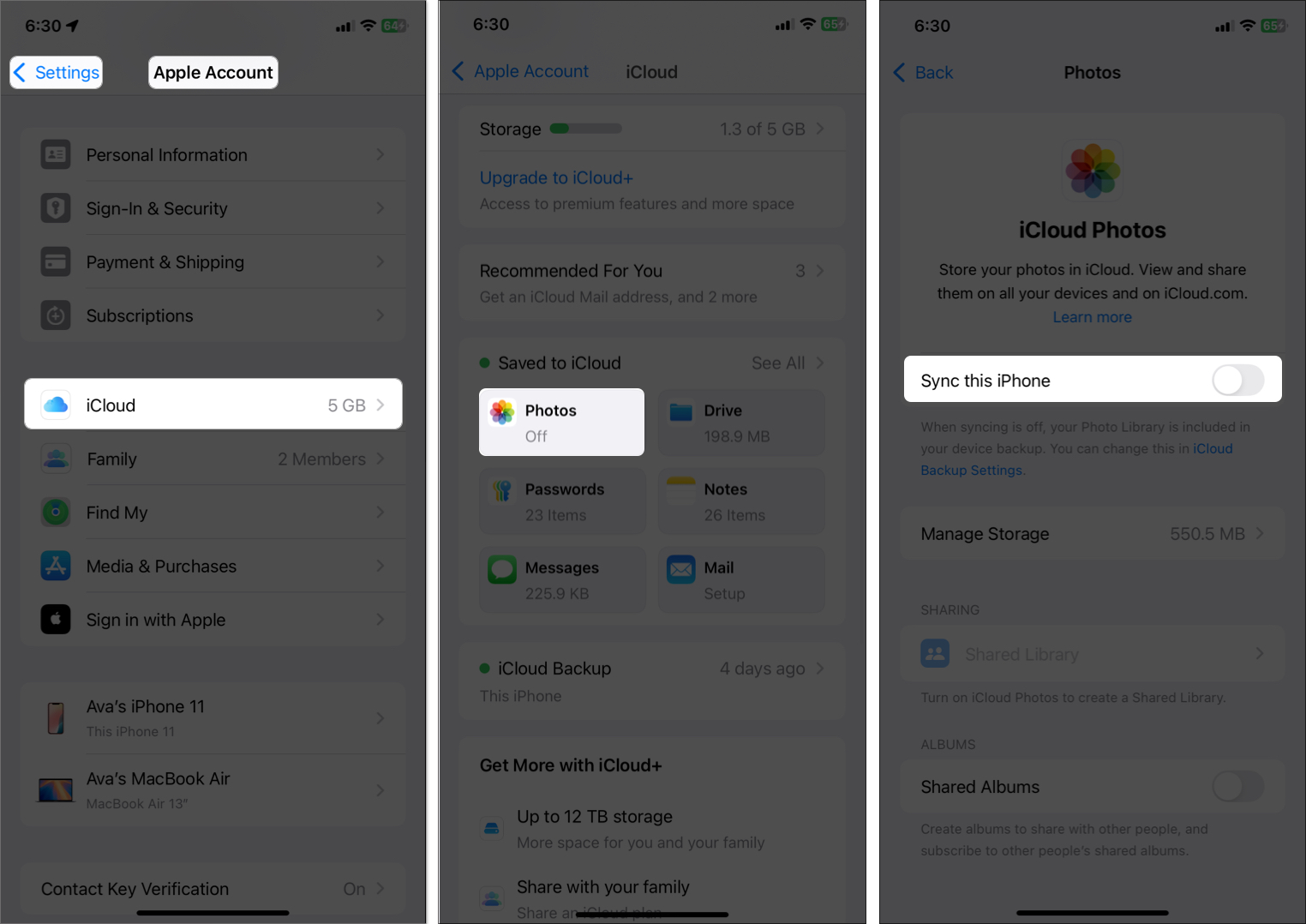 Enable icloud photos from iphone settings