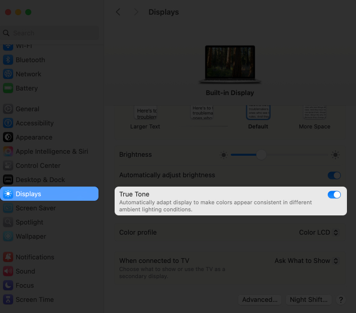 Enable true tone feature from display settings on mac