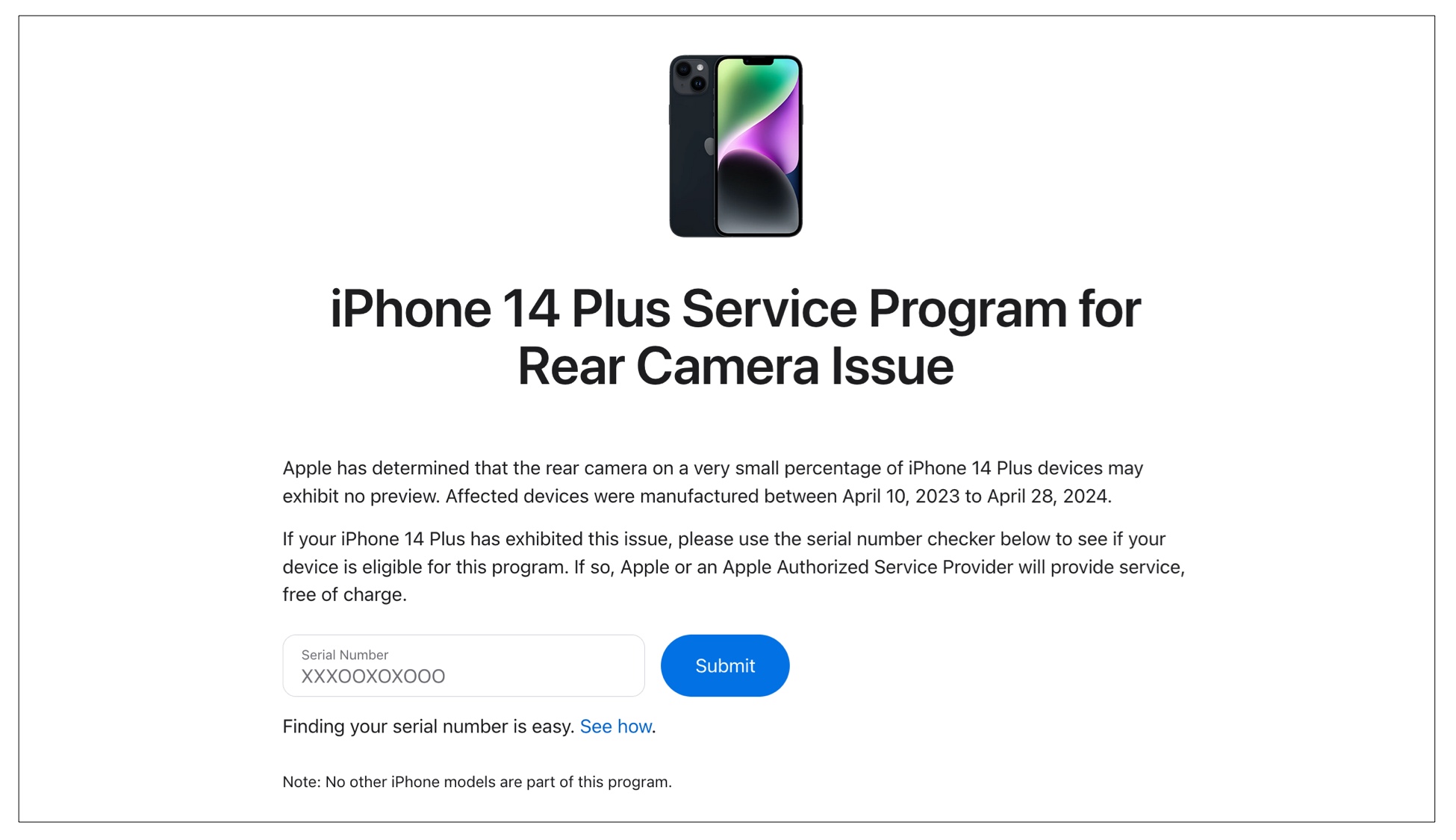 Entering a device's serial number to check for an Apple Service Program eligibility.