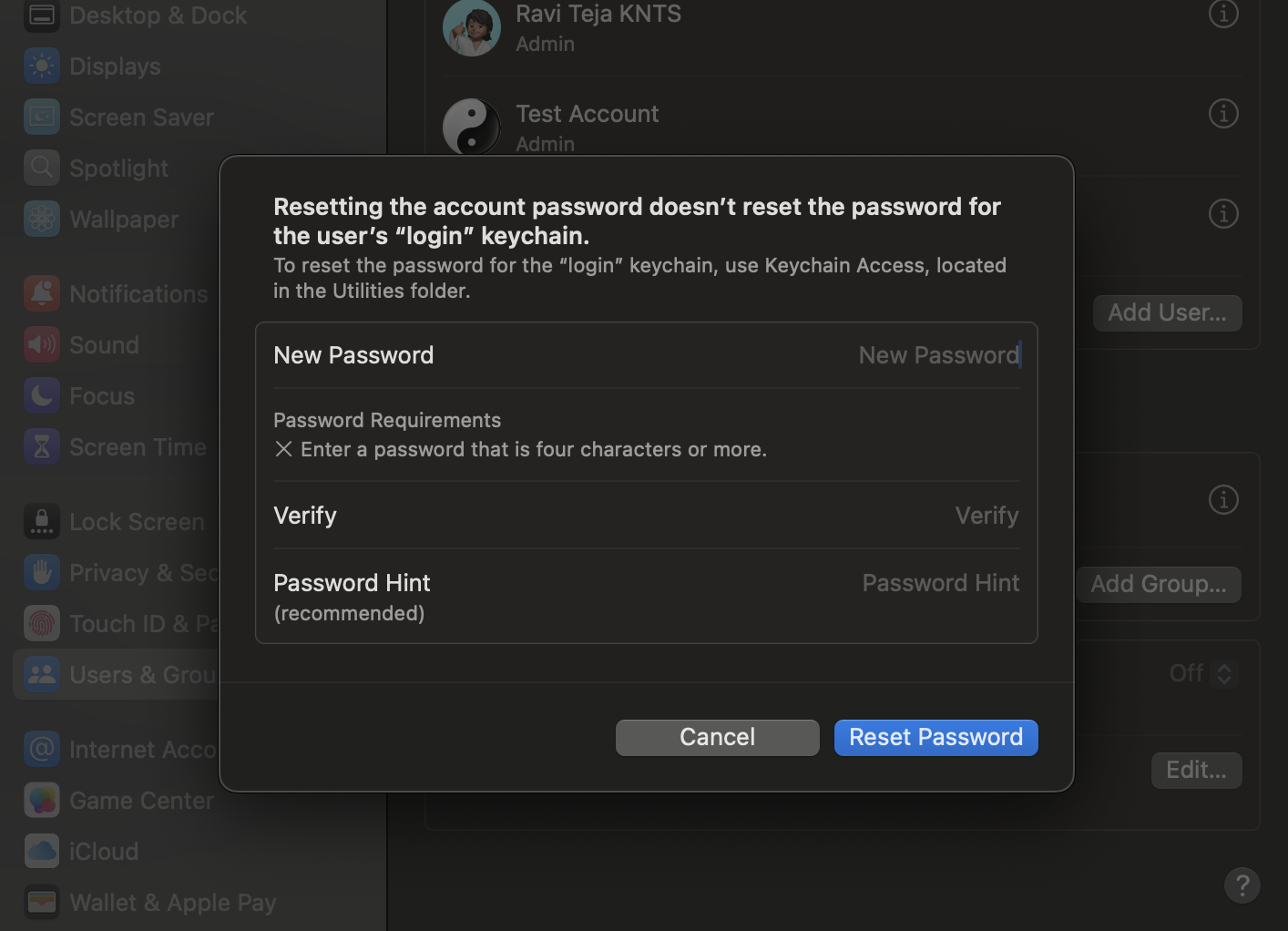 Entering the new password to reset your mac password