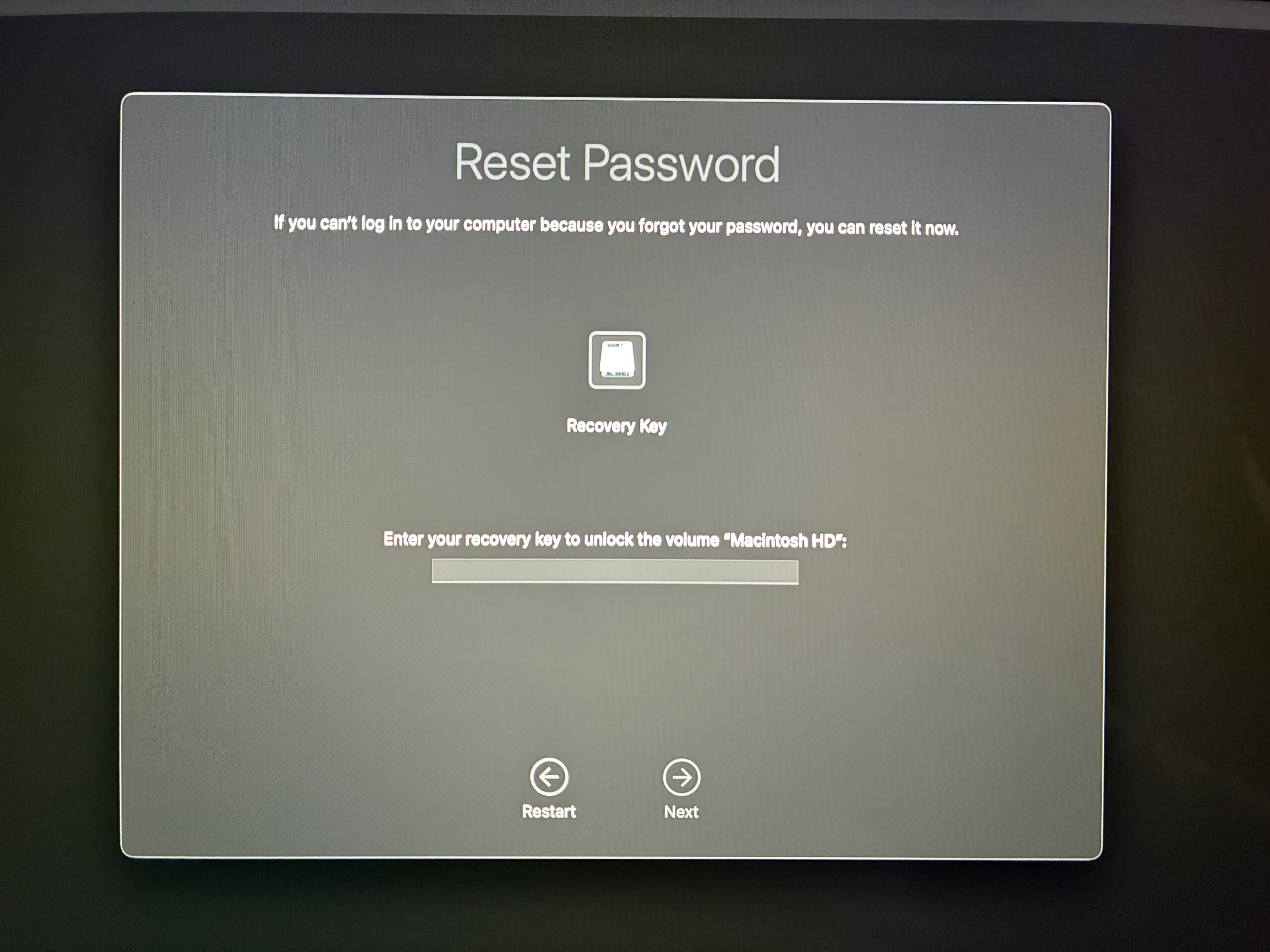 Enter your filevault recovery key to reset your mac's password.