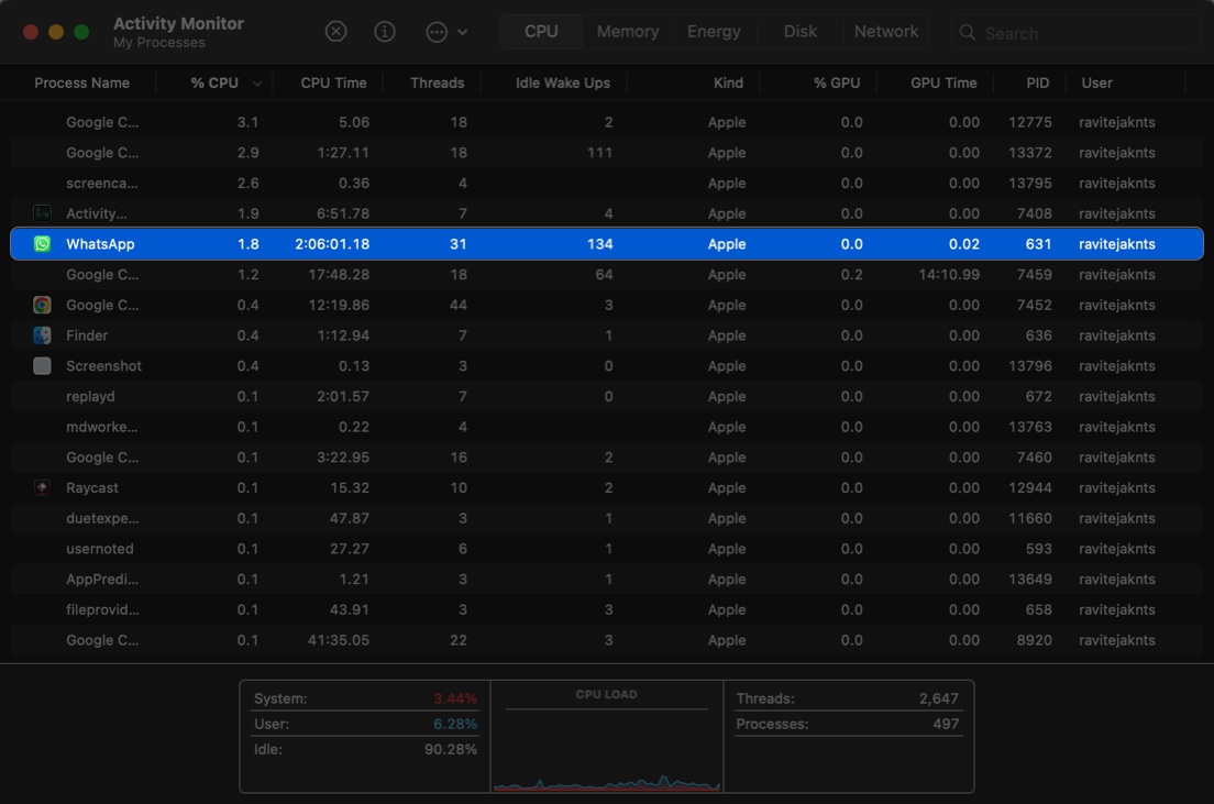 Locating the app to force quit in the activity monitor app
