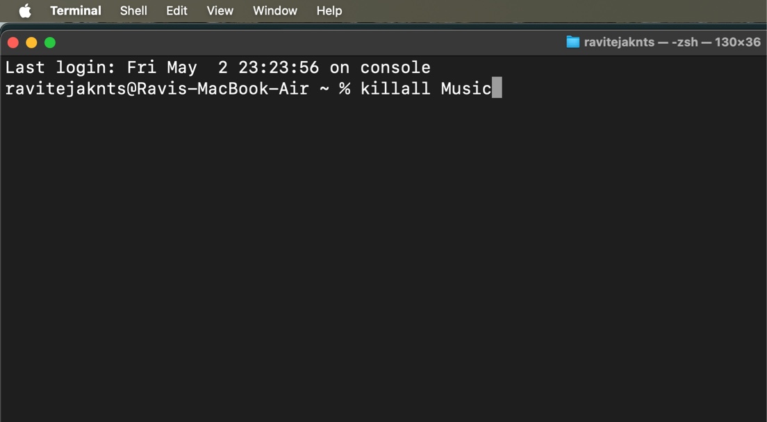 Macos terminal app with a killall command to force quit the apple music app