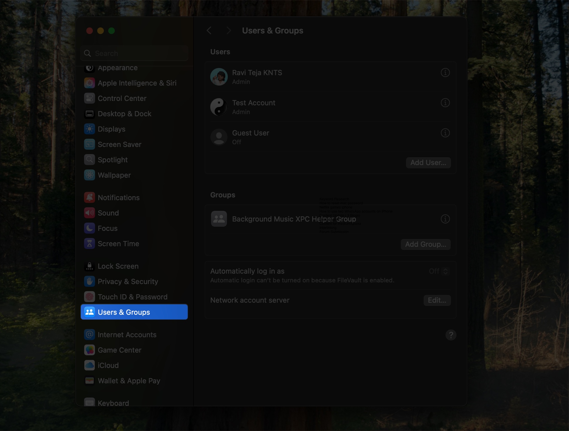 Accessing the users  groups settings in macos system settings app