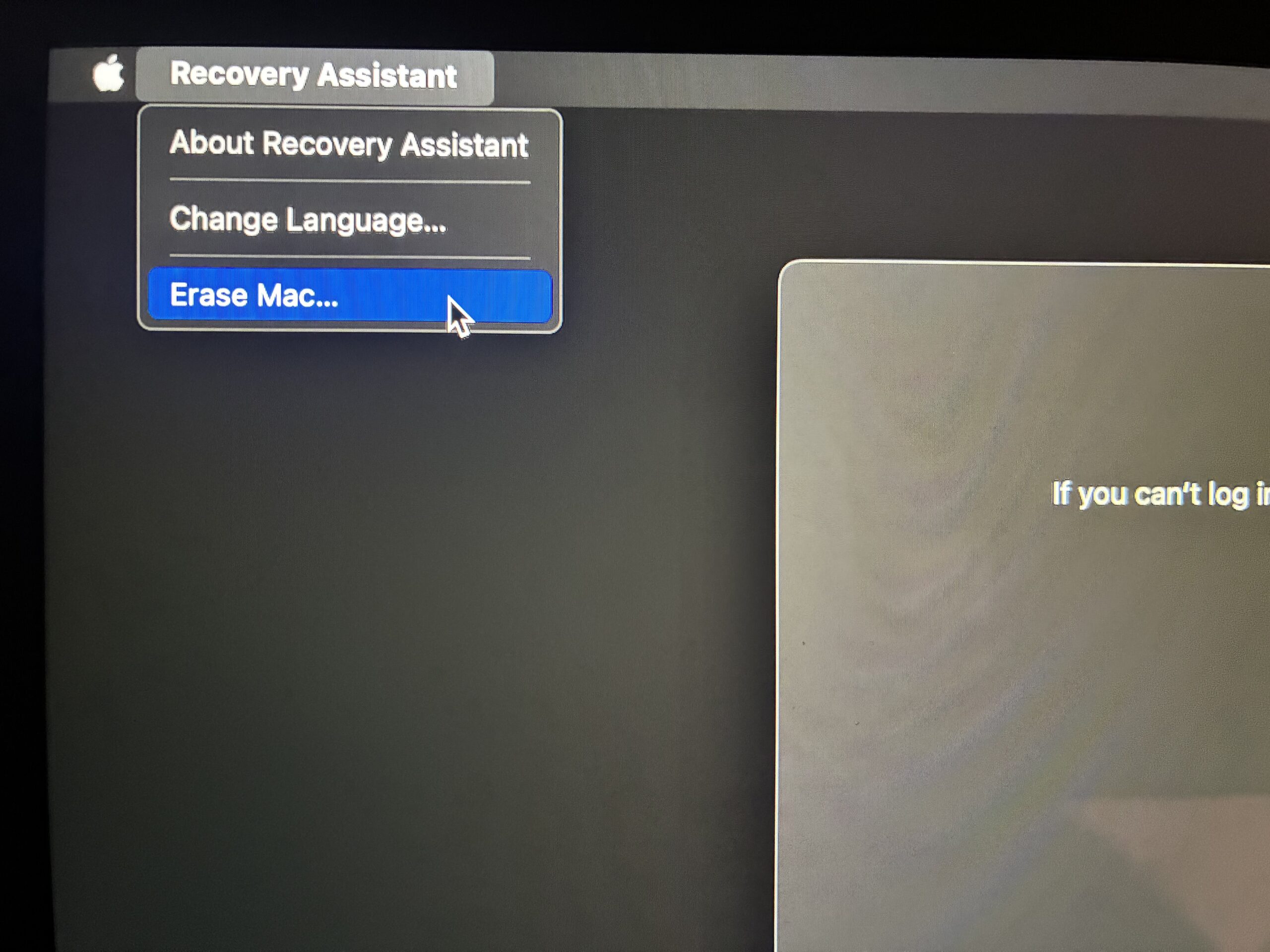 Accessing the erase mac option for recovery assistant on a mac