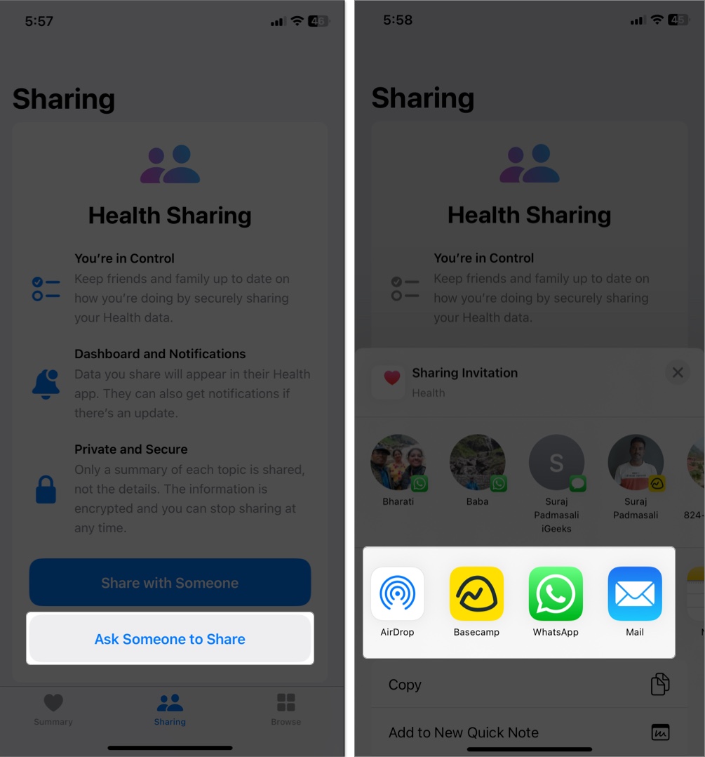 Invite to share health data on iphone