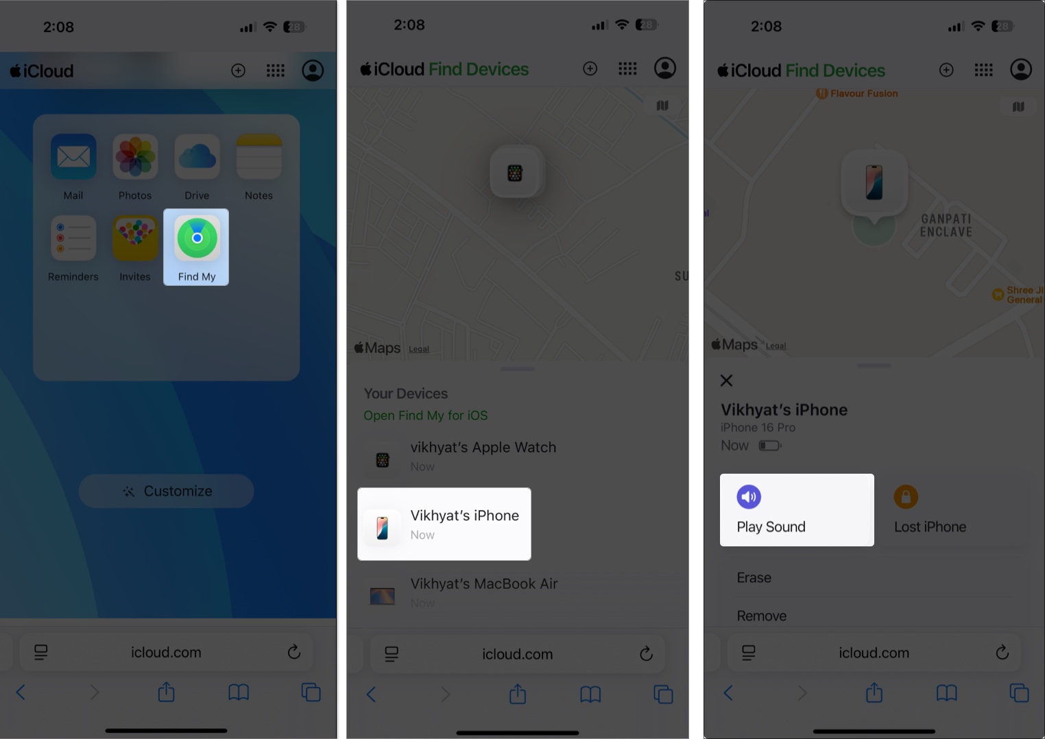 Locate lost iphone by find my website on iphone