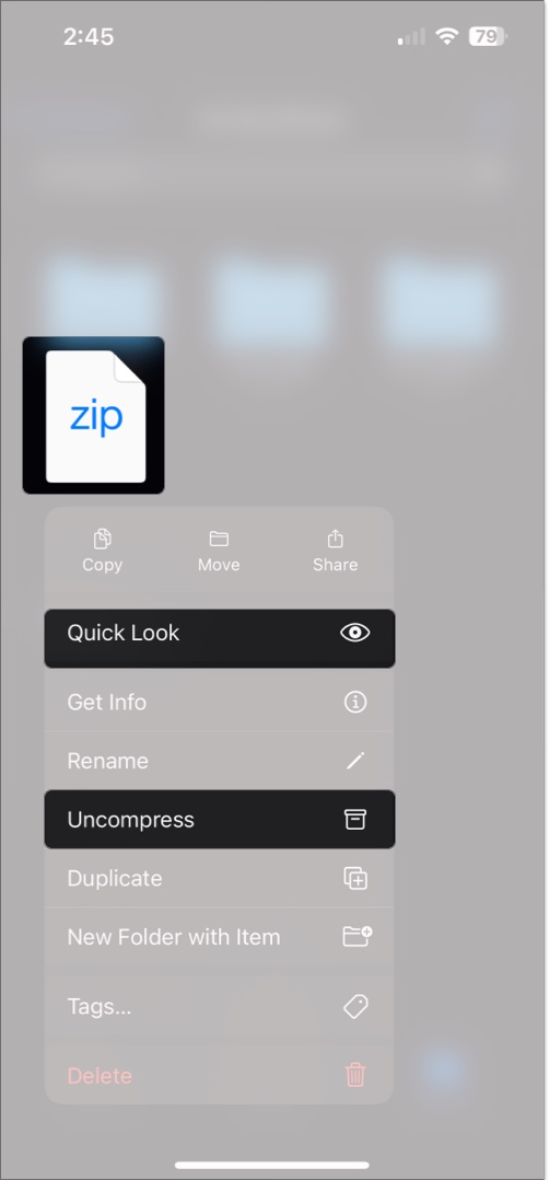 Using the quick look option on a zip file in the files app on an iphone