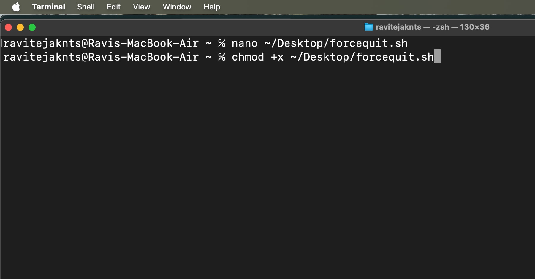 Using the chmod command to make the script to force quit apps on a mac executable