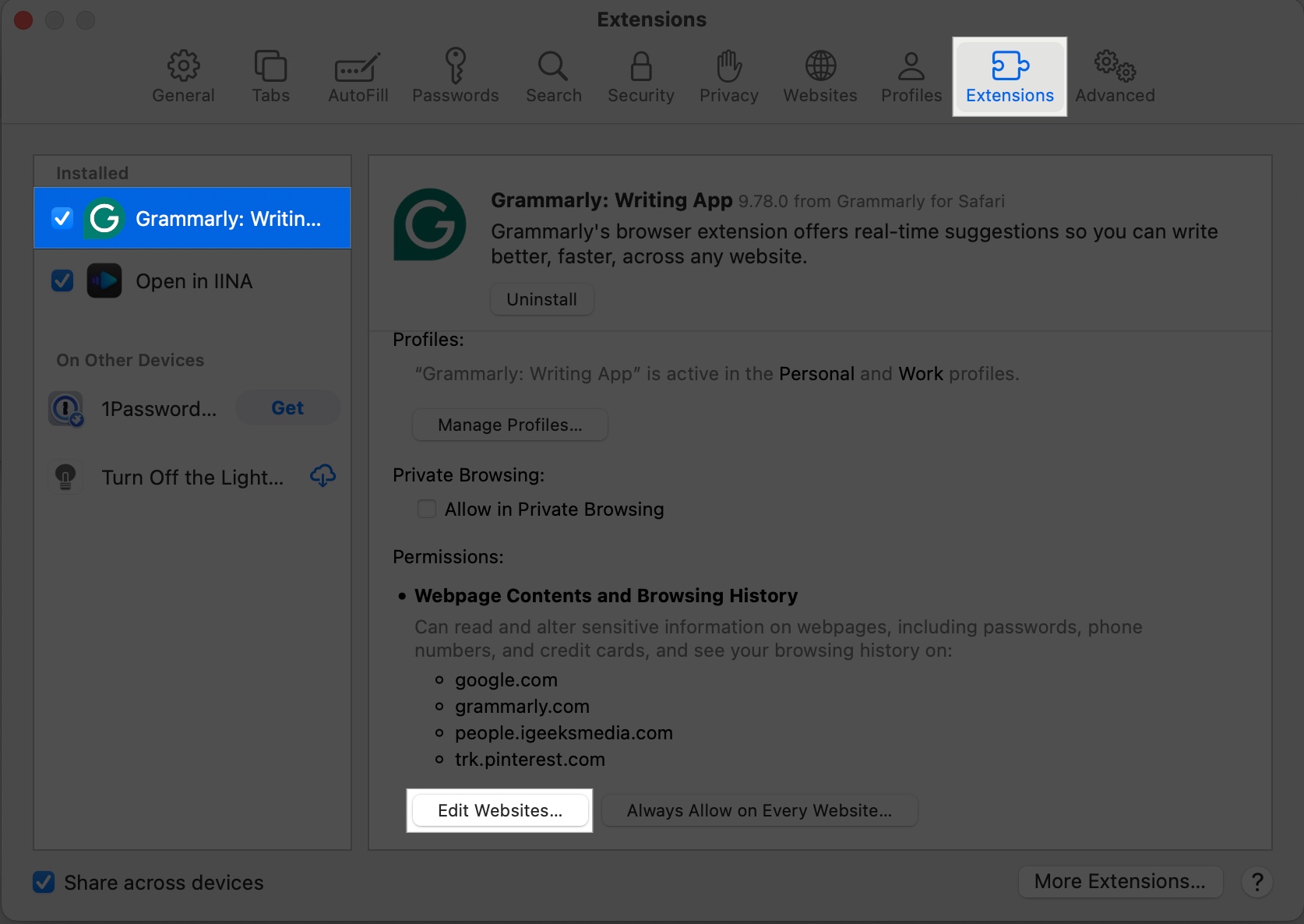 Manage and customize extension on mac