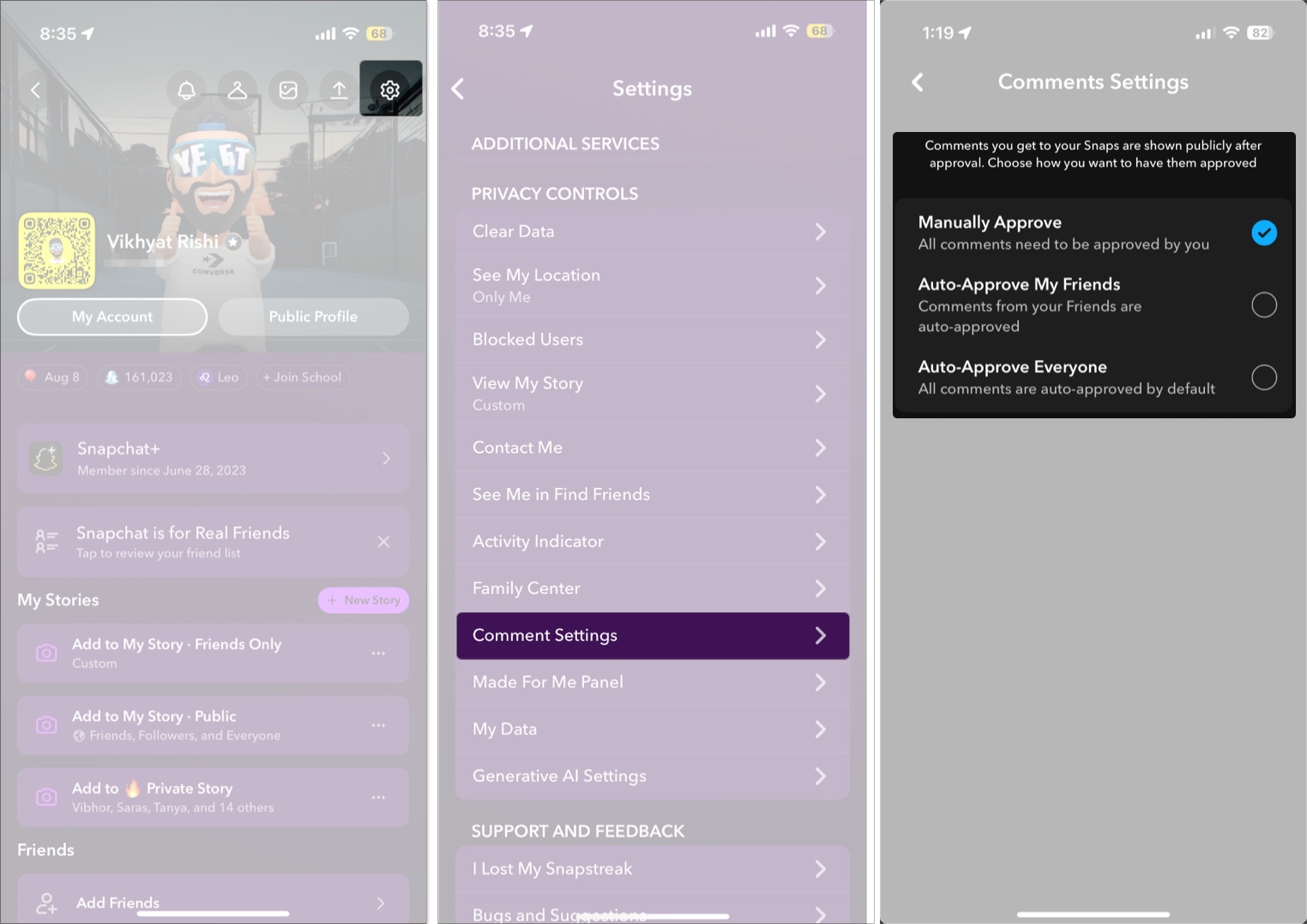 Managing the comment settings in snapchat on an iphone