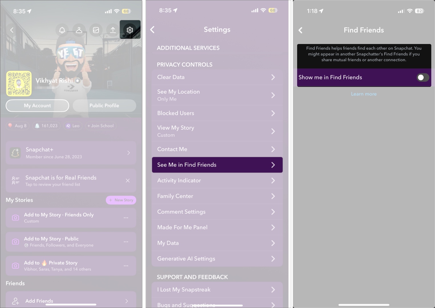 Managing the see me in find friends setting in snapchat on an iphone