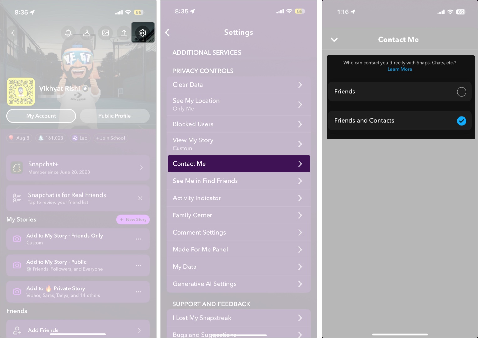 Managing the contact me setting in snapchat on an iphone