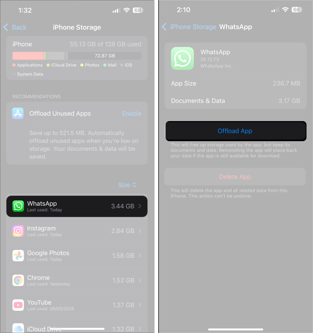 Offloading whatsapp on an iphone