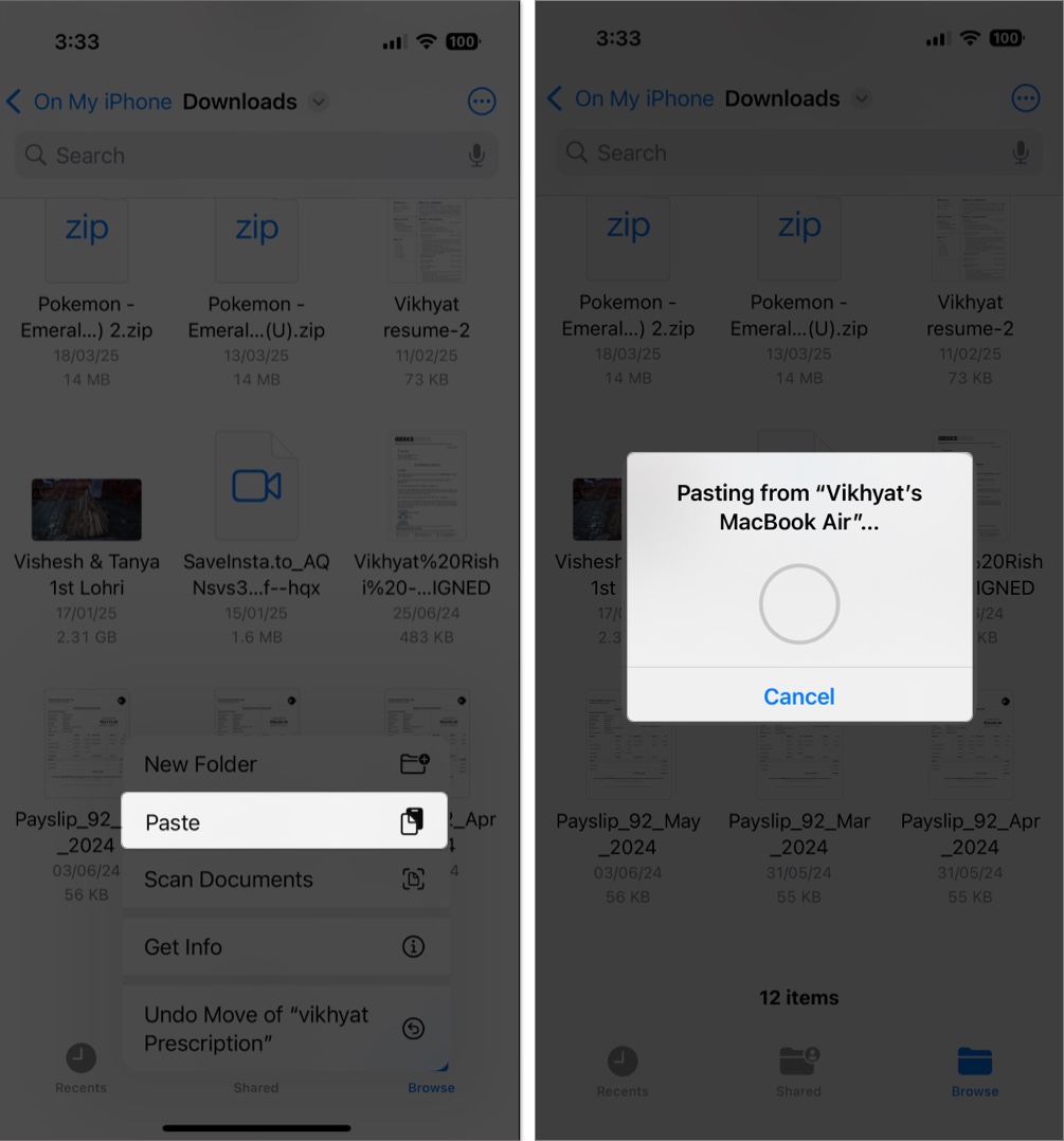 Open folder in files app and paste in iphone using clipboard