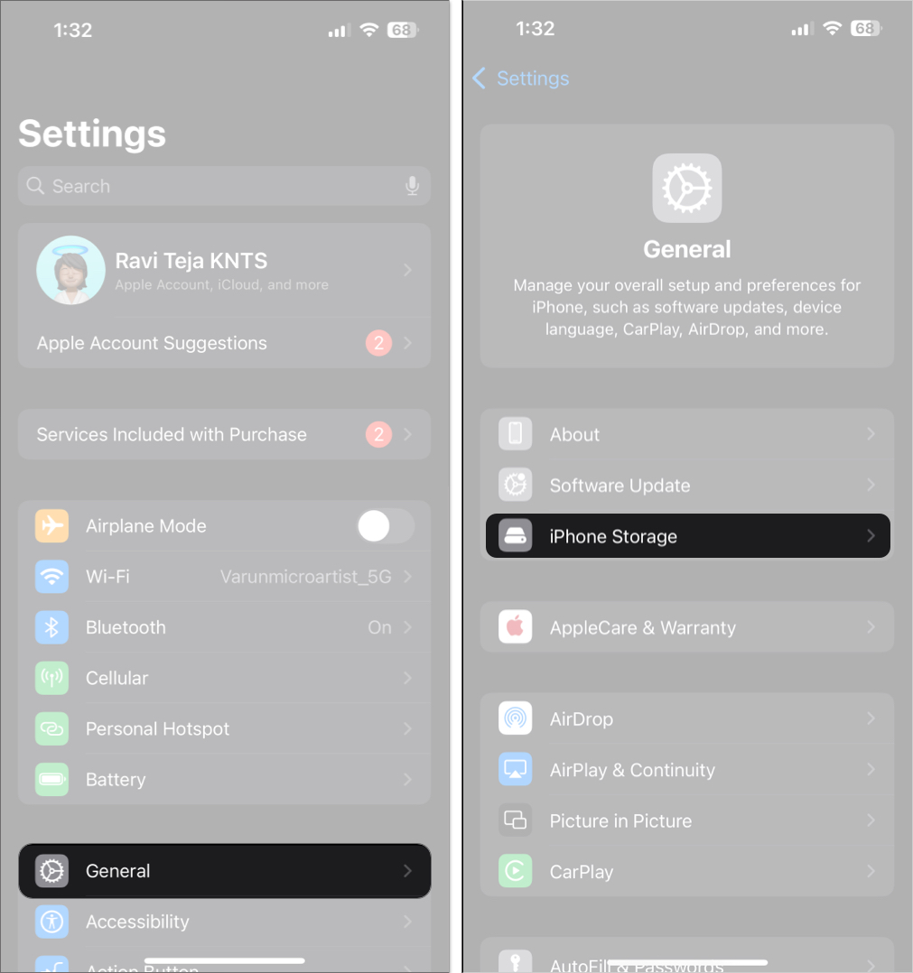 Accessing the iphone storage option in ios settings app