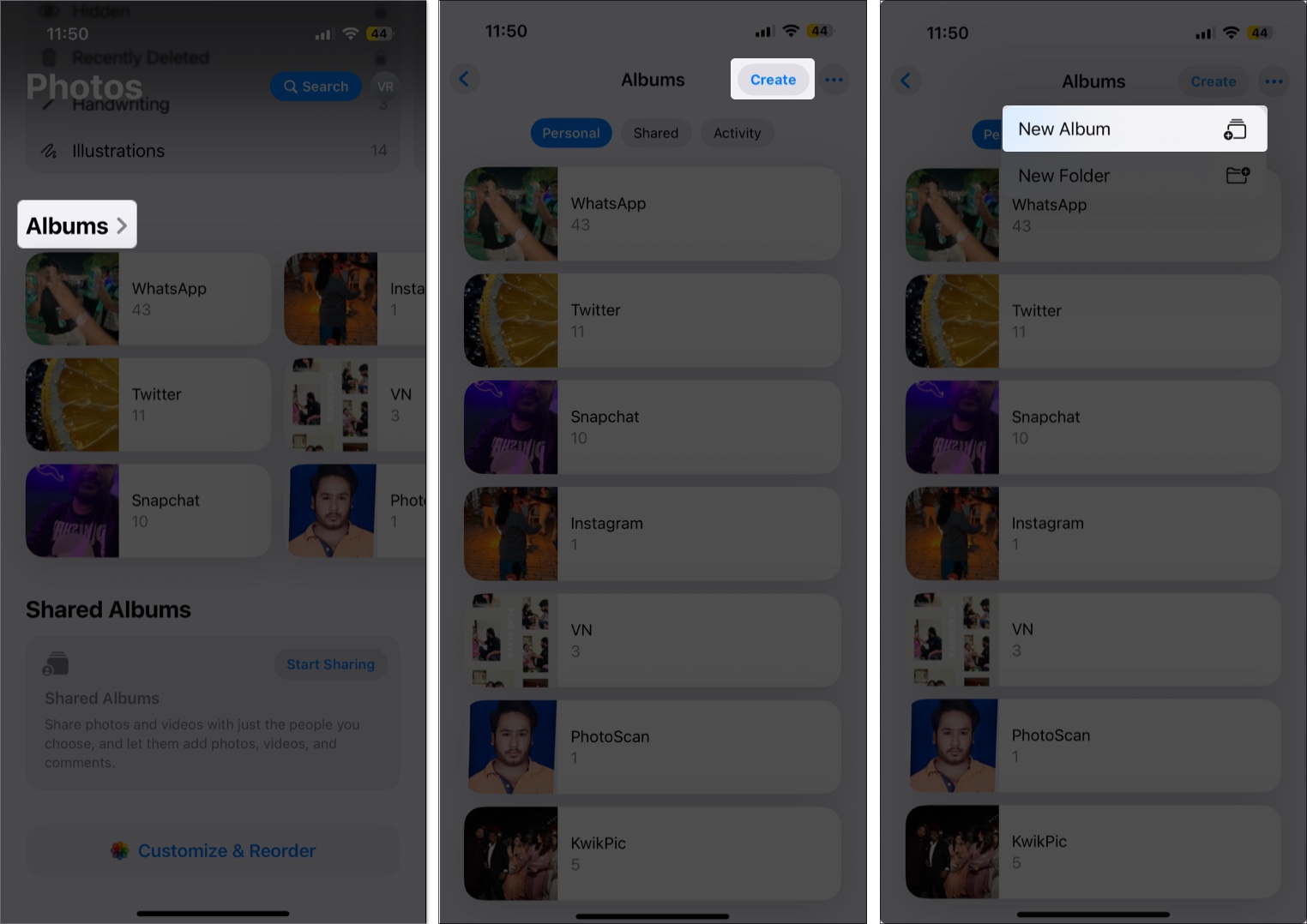 Open photos then tap albums and select the new album on iphone photos app