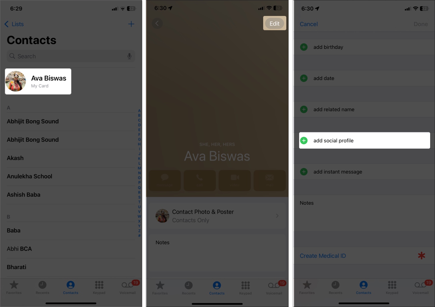 Own contact card for social profile in iphone