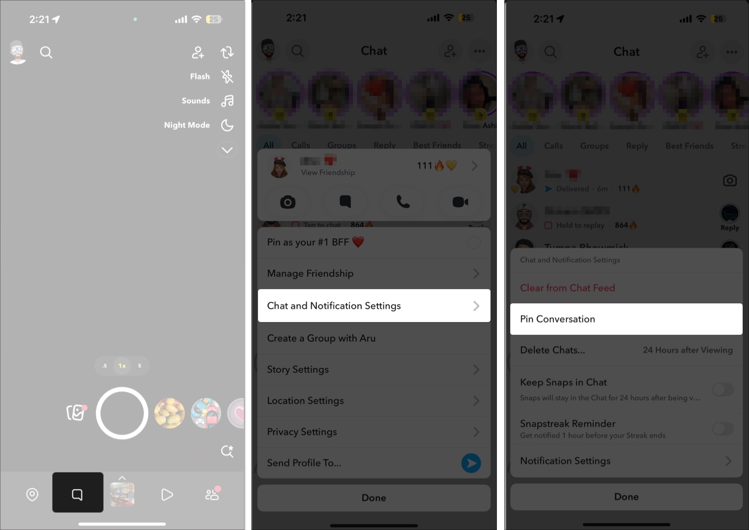 Accessing and using the pin conversation option to pin a chat in snapchat on an iphone