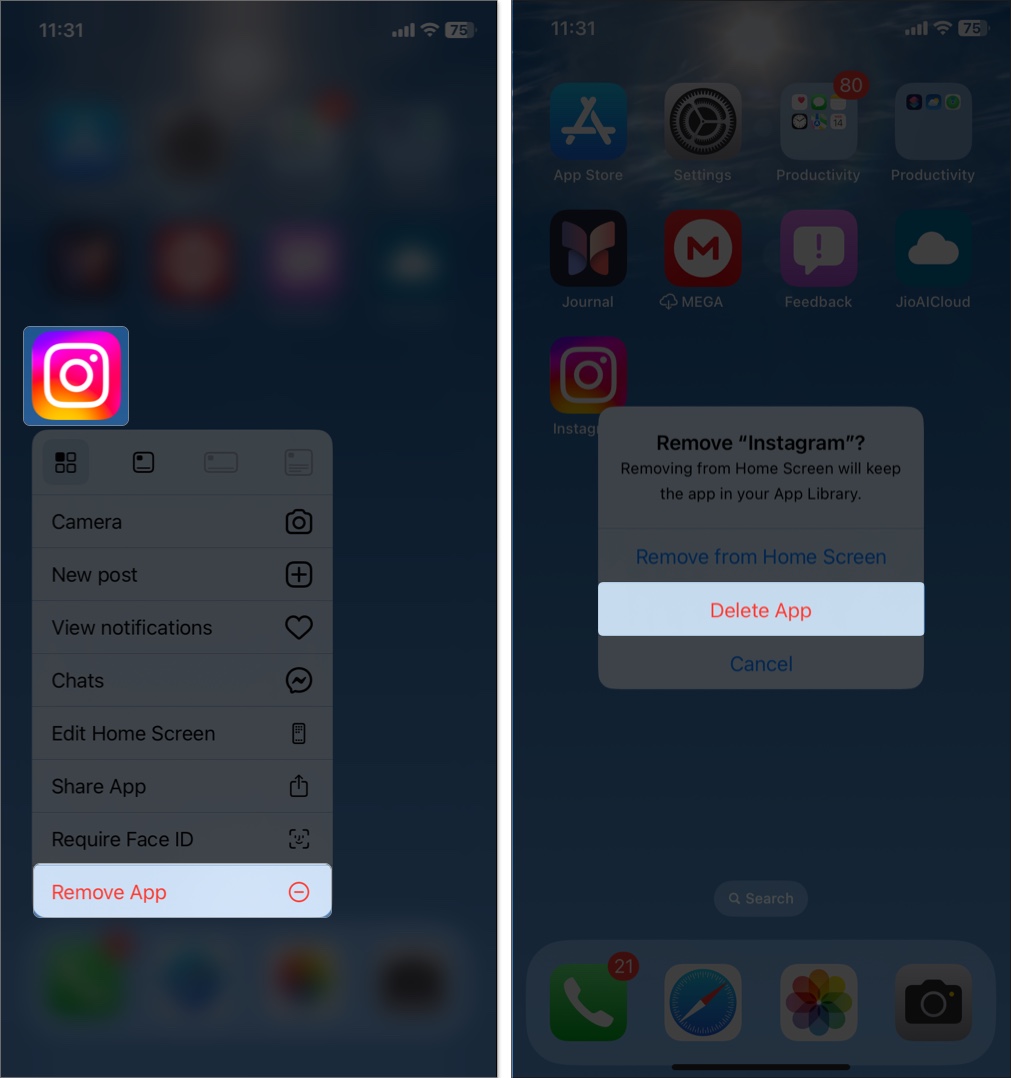 Press and hold app icon to delete app in iphone