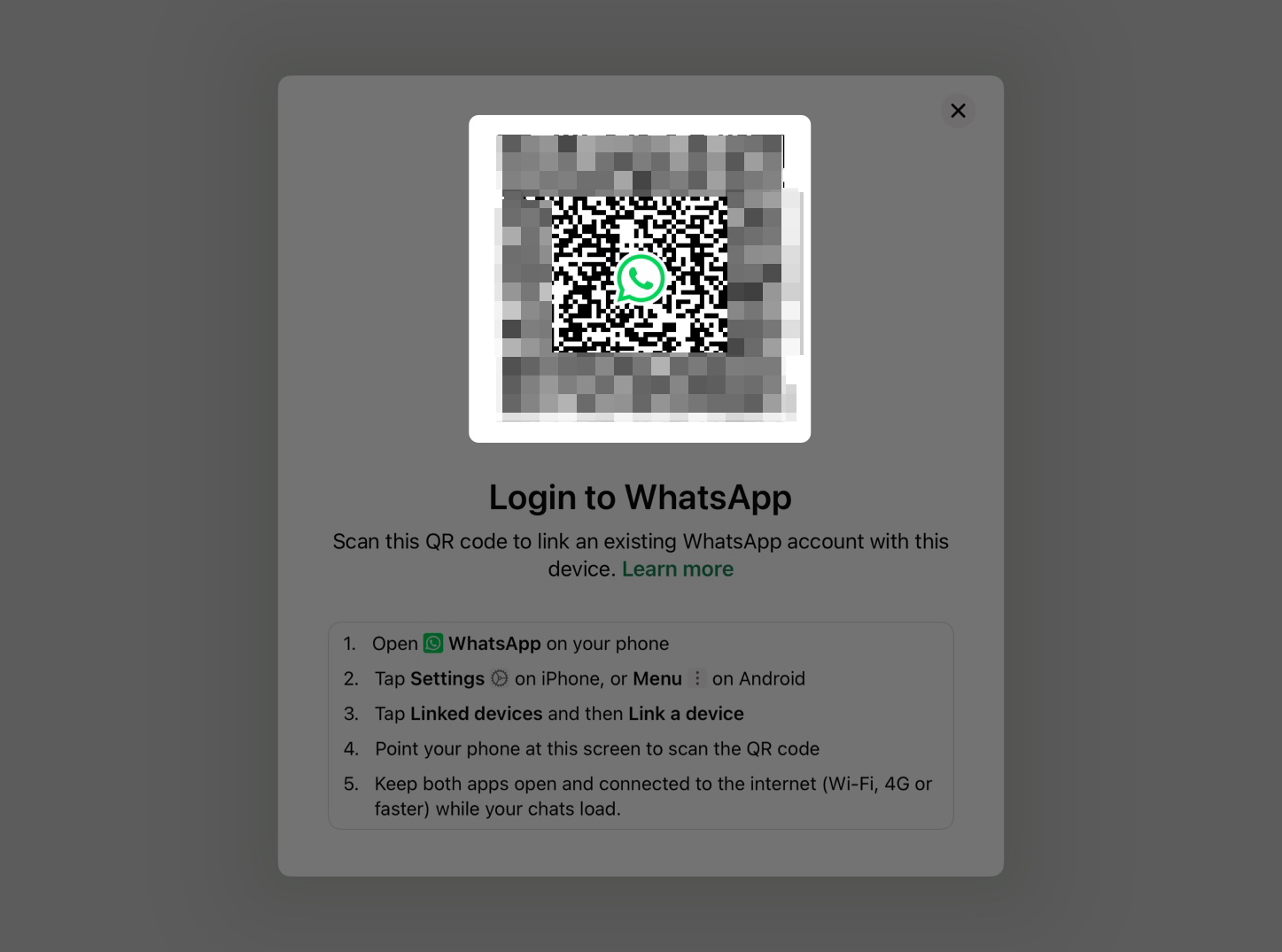 Qr code for login on whatsapp messenger in ipad