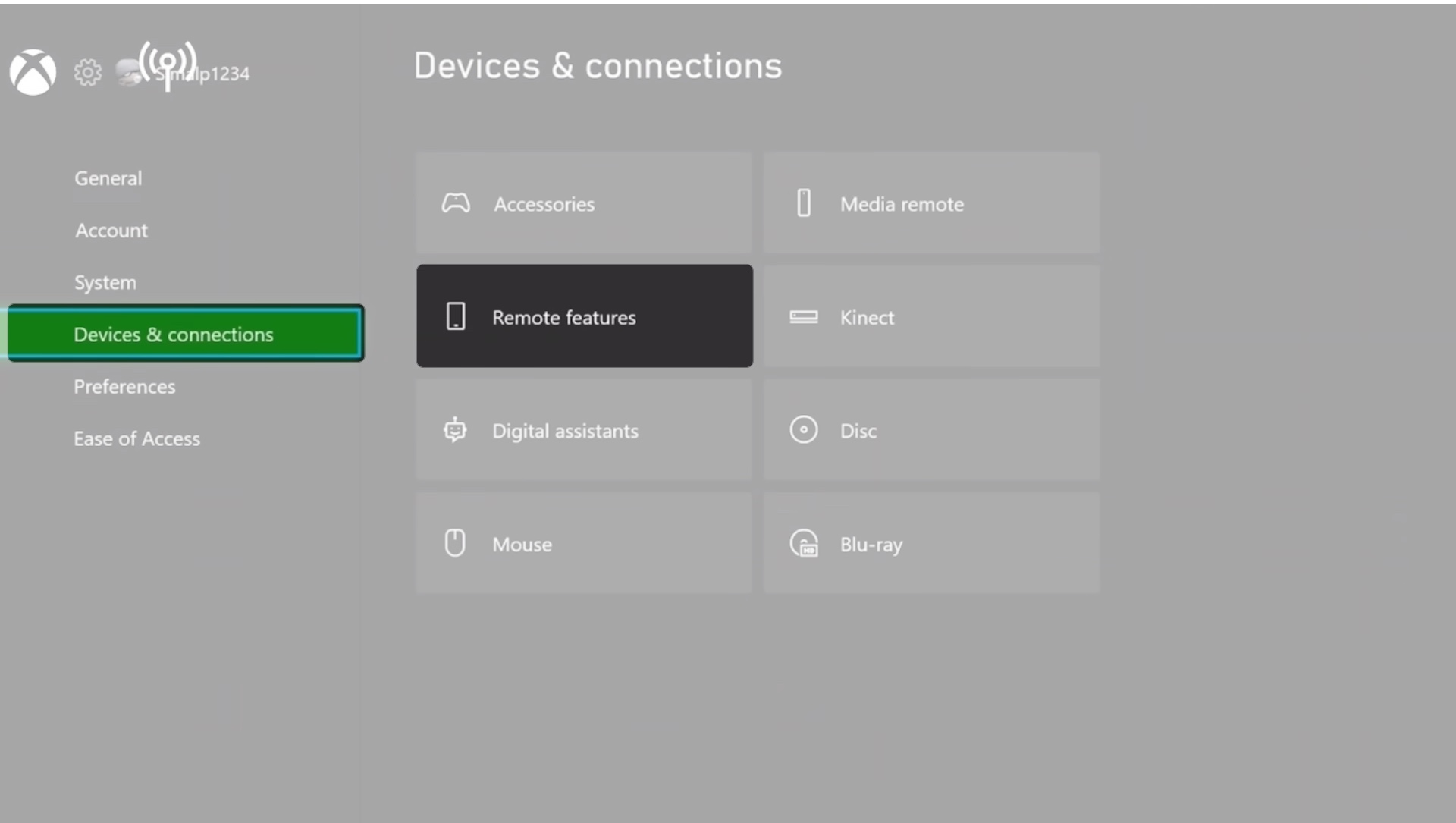 Accessing the remote features option in xbox settings
