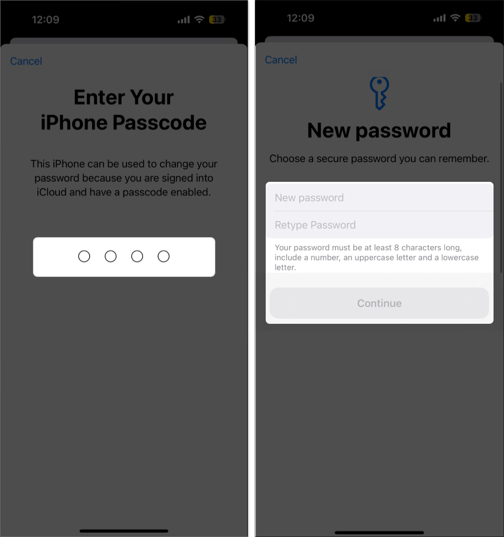 Reset apple id password using iphone settings