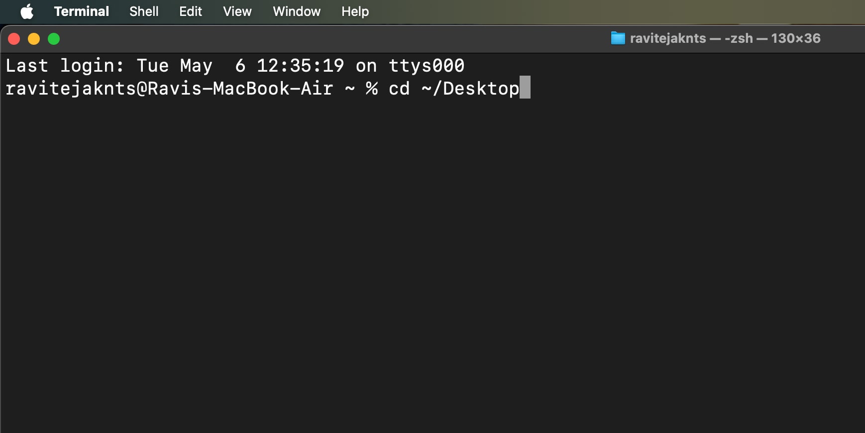 Using the cd command to navigate to the desktop to run the newly created shell script