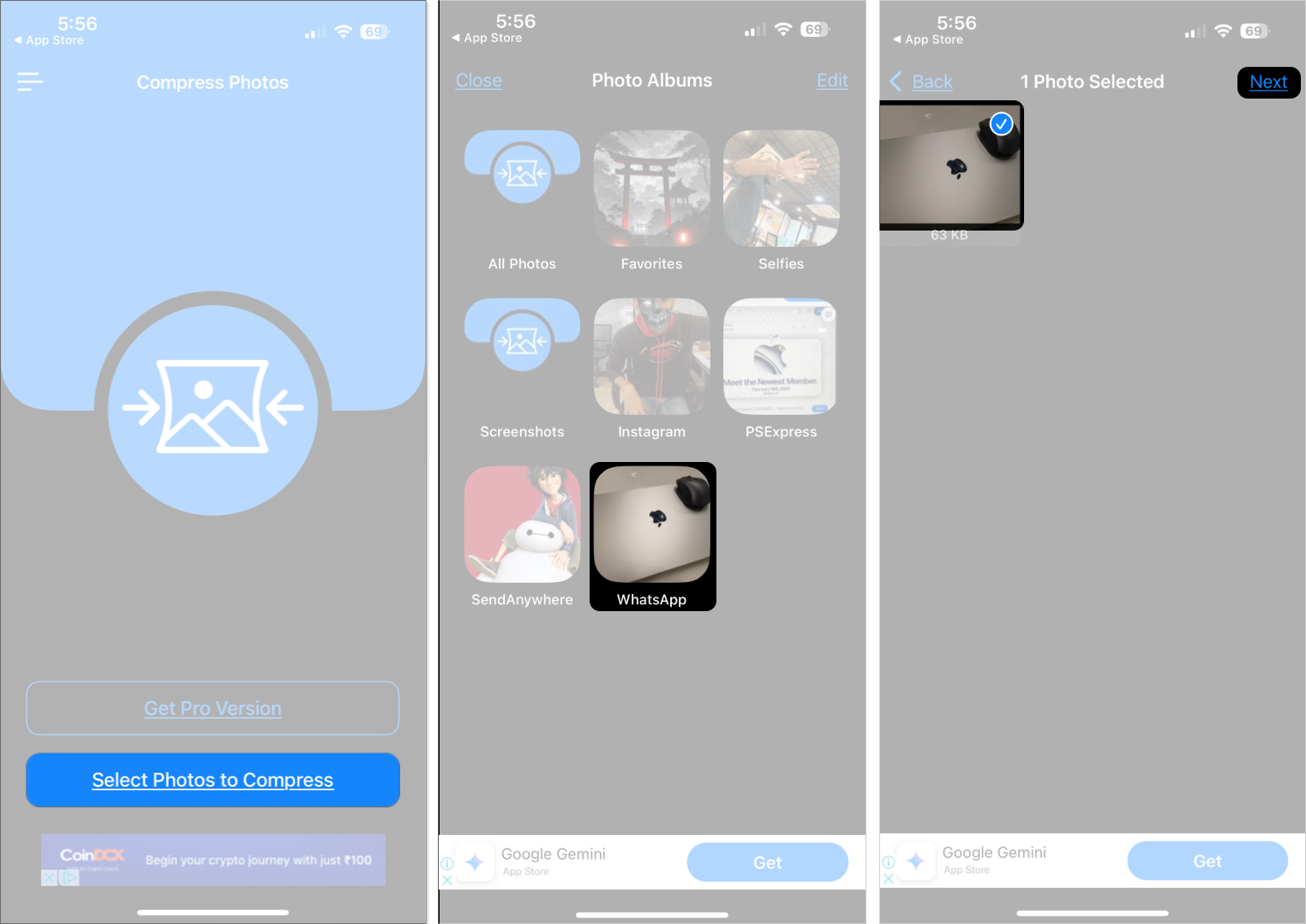 Select and tap on next to compress image on third party app on iphone