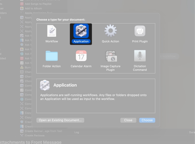 Setting the document type to application in automator