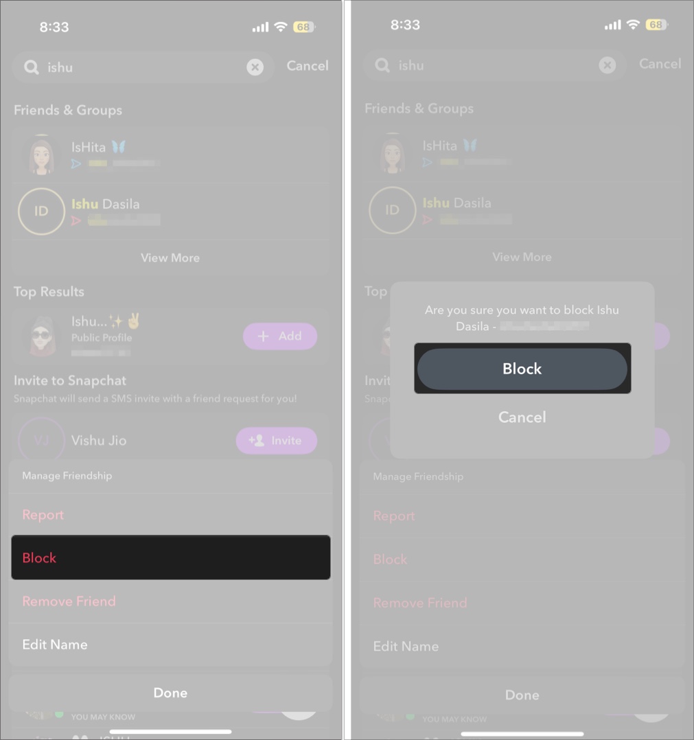 Blocking a contact on snapchat from the chat tab