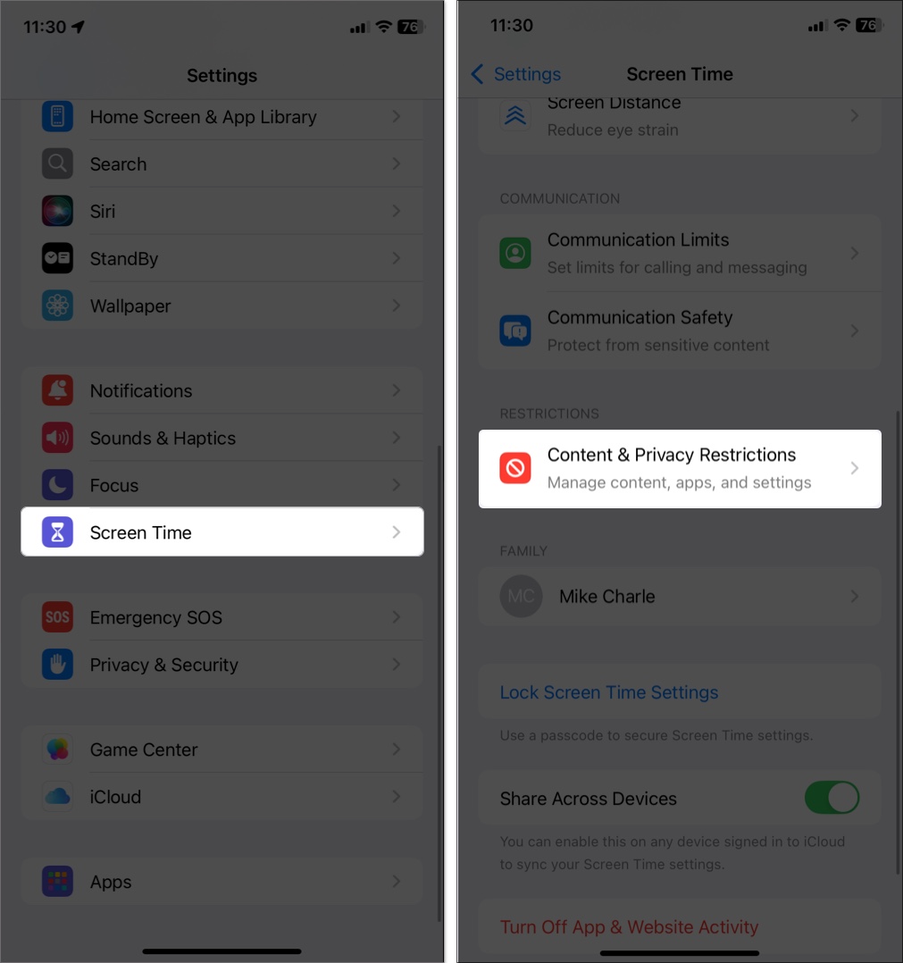 Select content and privacy restrictions in screen time settings on iphone