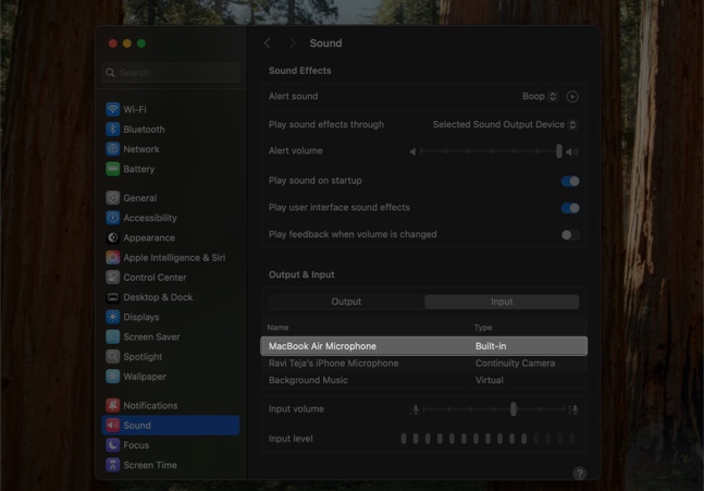 Selecting the built in microphone as the default microphone on a mac