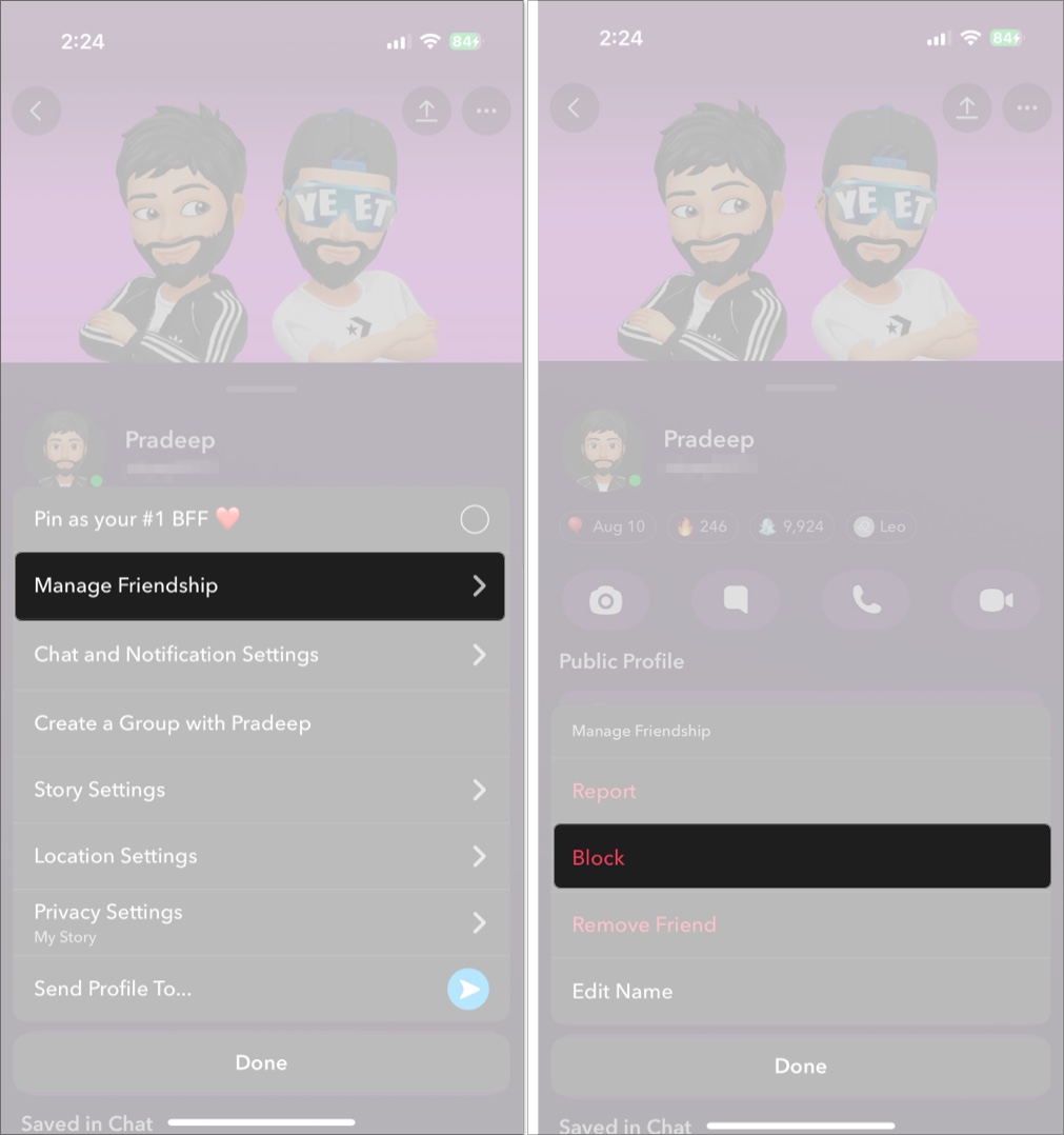 Blocking a contact on snapchat from their profile page