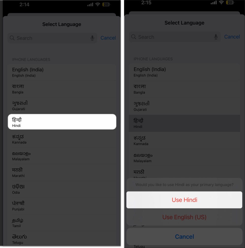 Select new language want to use in device language