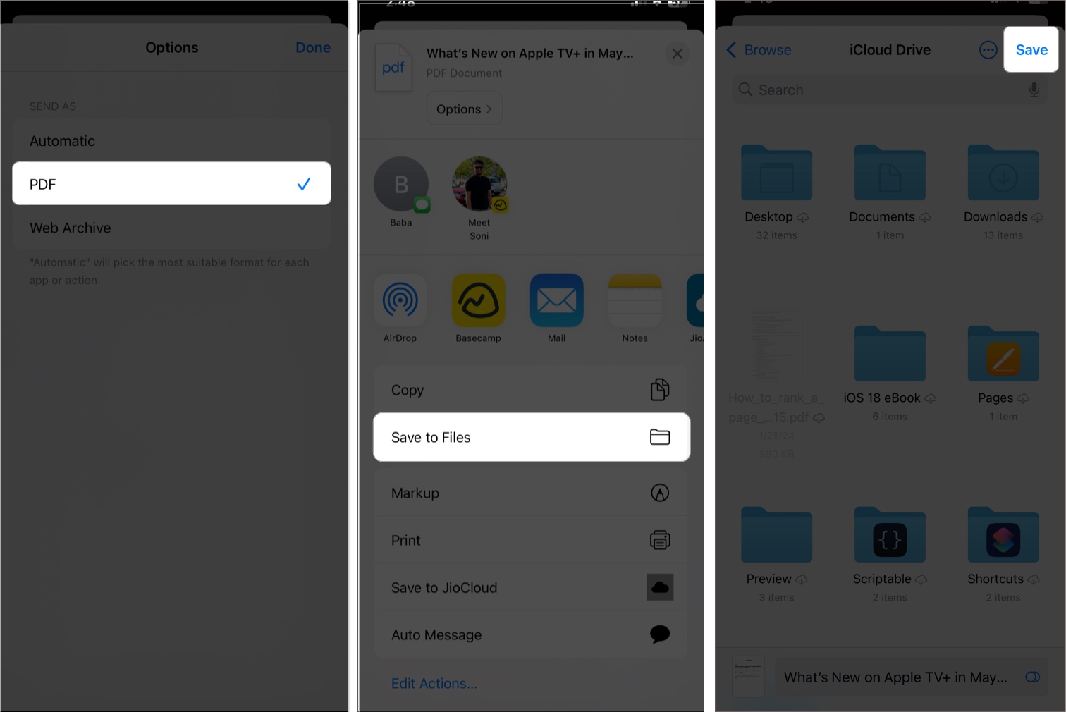 Select pdf and save to file then tap save