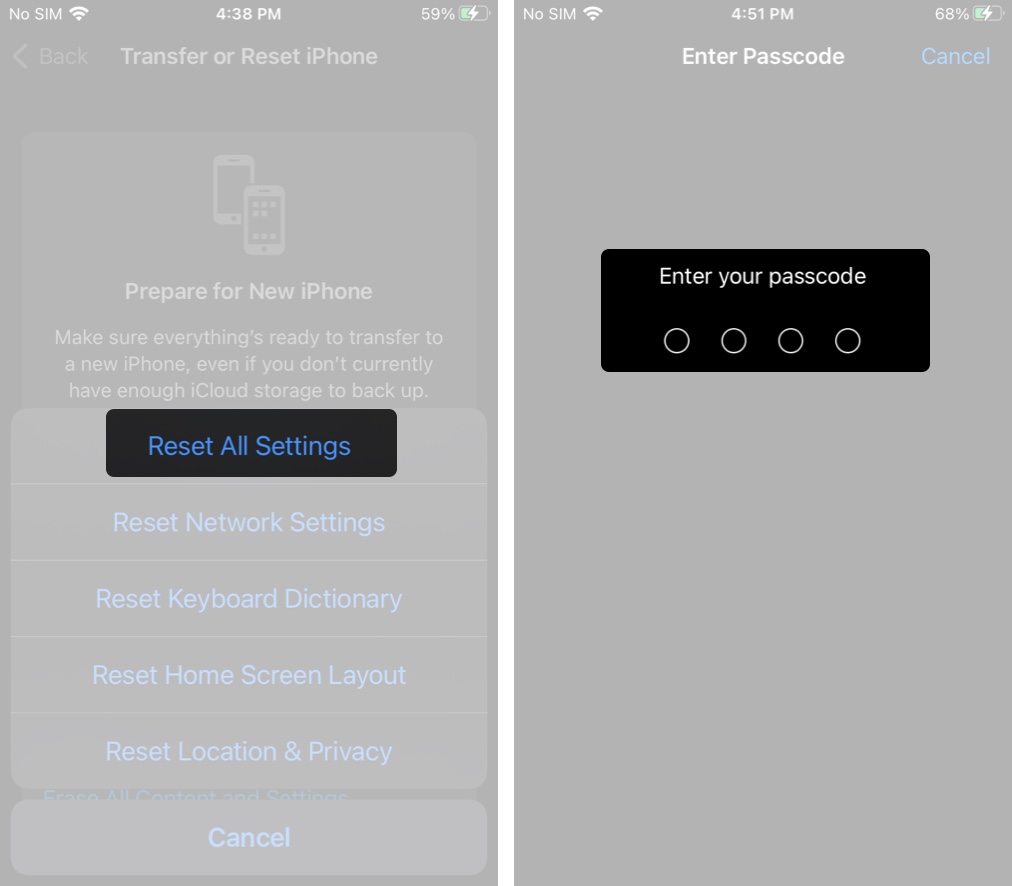 Using the reset all settings option to reset all settings on an iphone