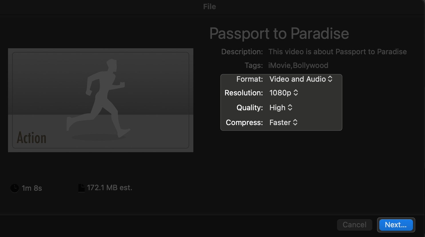 Select the resolution and other detail then click next in imovie on mac