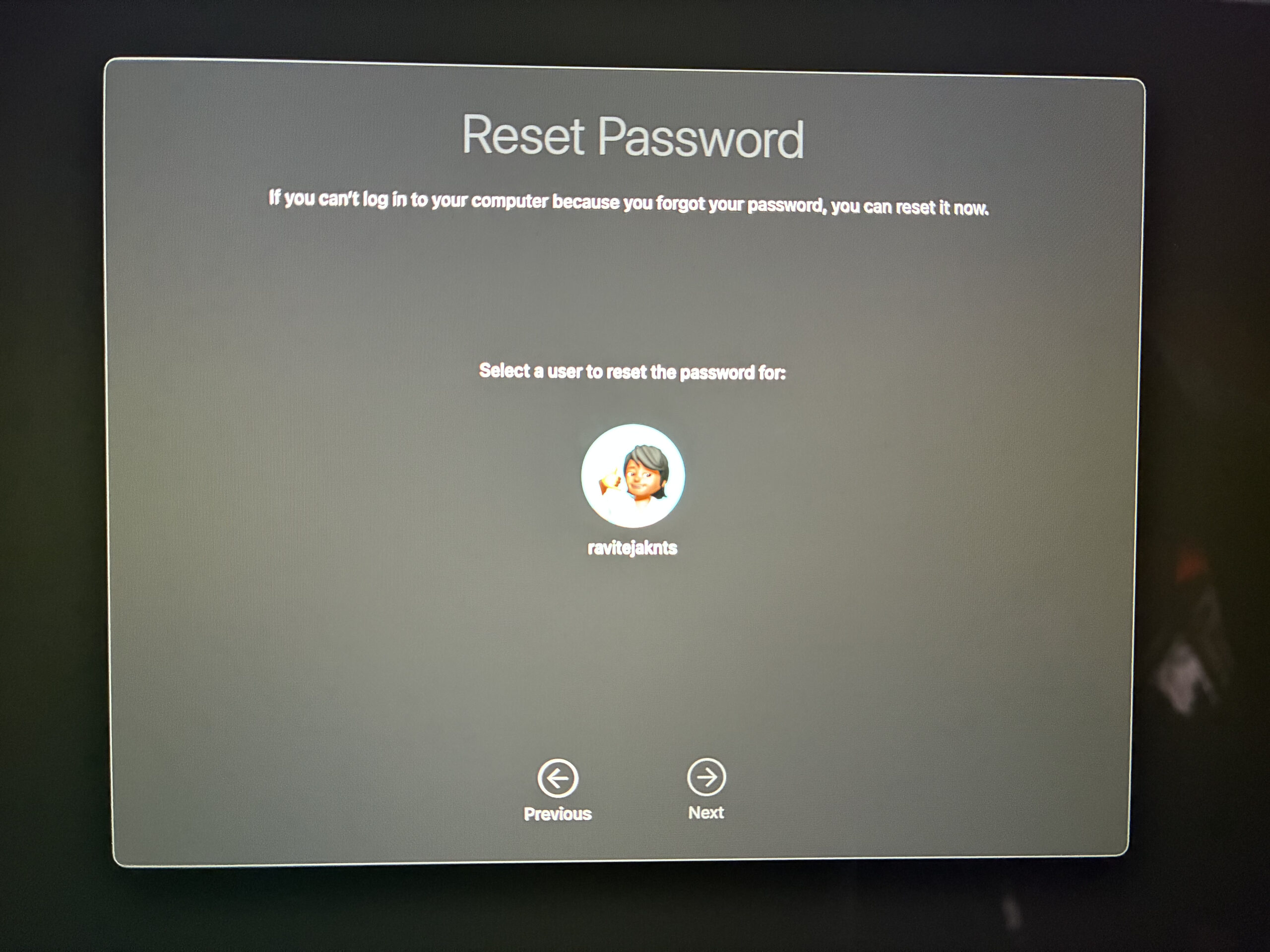 Selecting the user account you want to change password for in macos recovery
